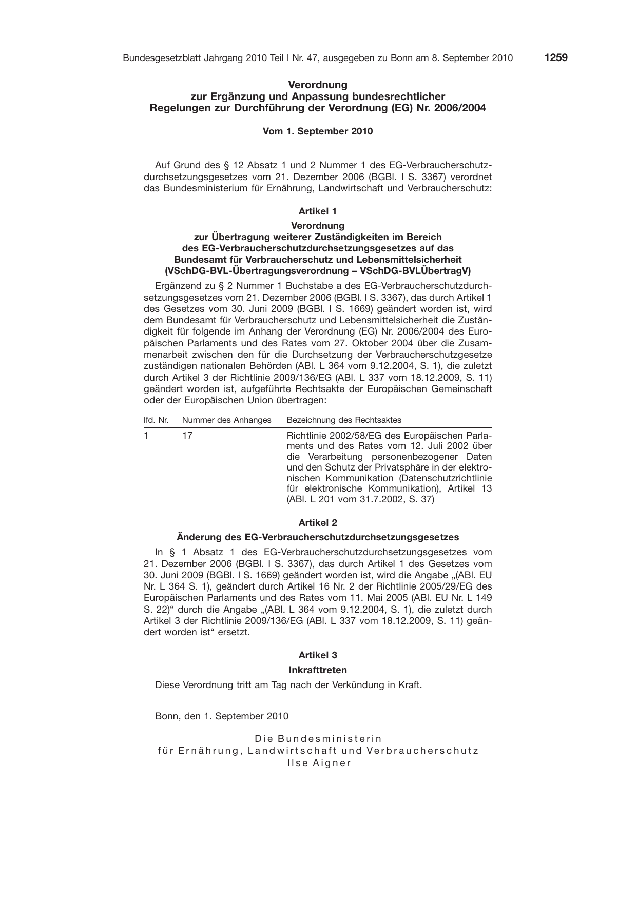 BGBl. 2010, Seite 1259 — Originalseite als Abbildung
