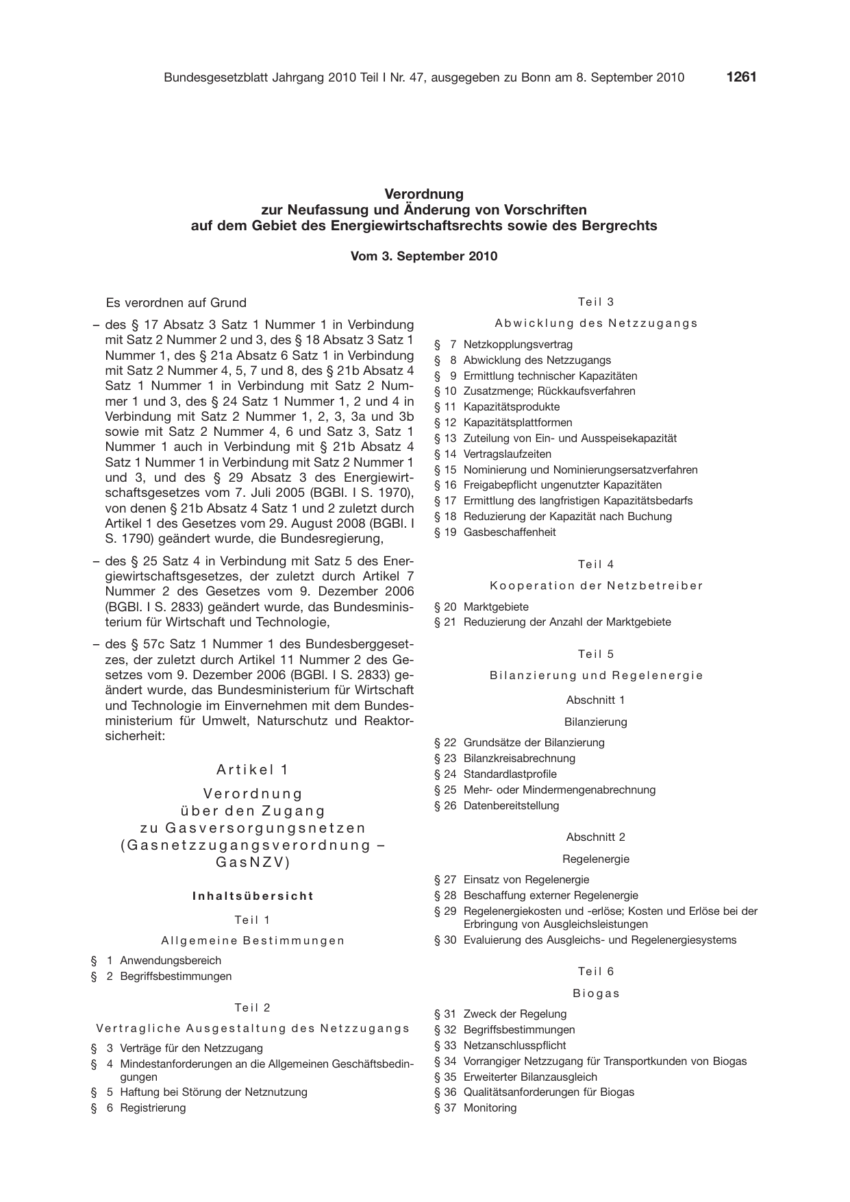 BGBl. 2010, Seite 1261 — Originalseite als Abbildung
