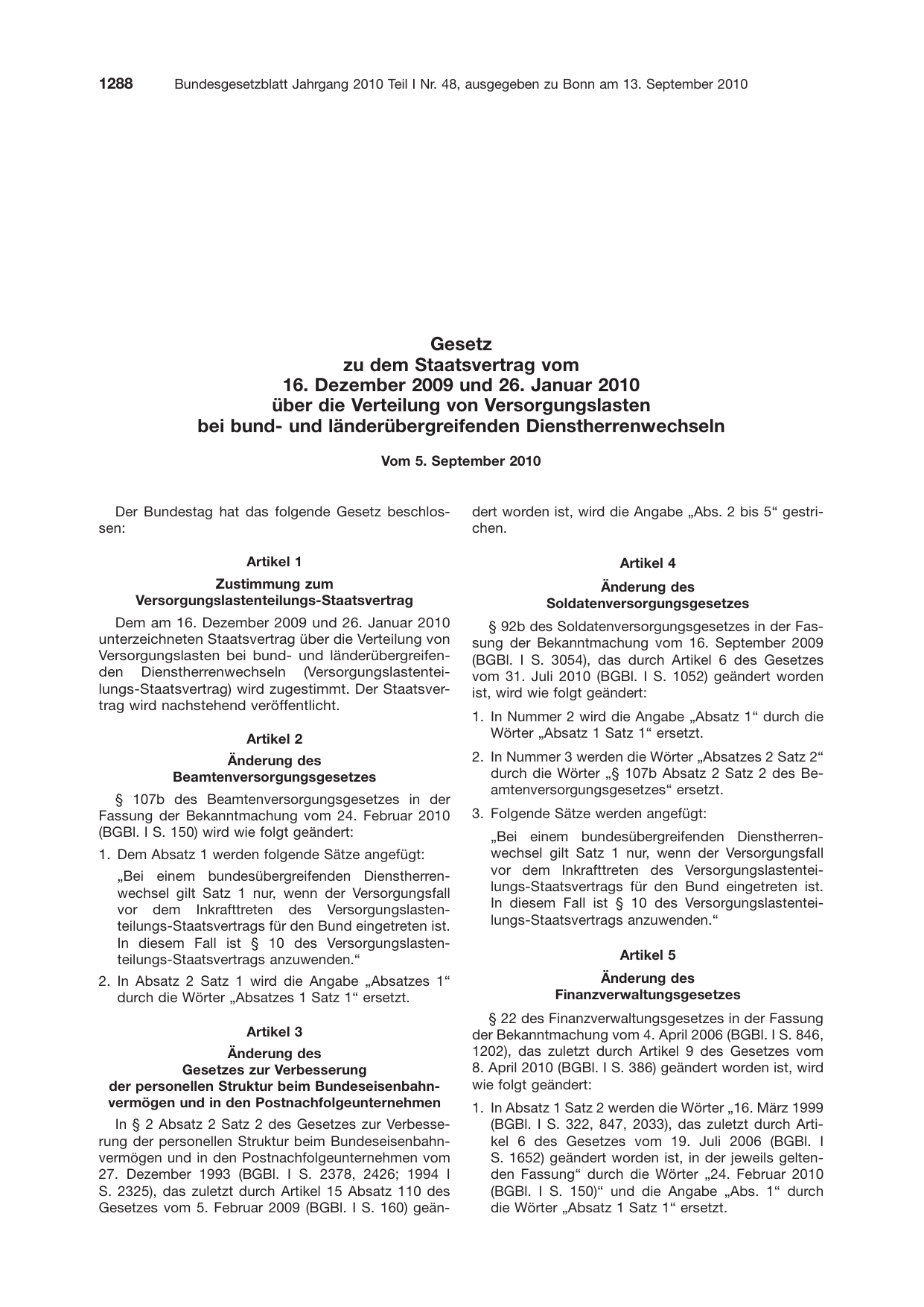 BGBl. 2010, Seite 1288 — Originalseite als Abbildung
