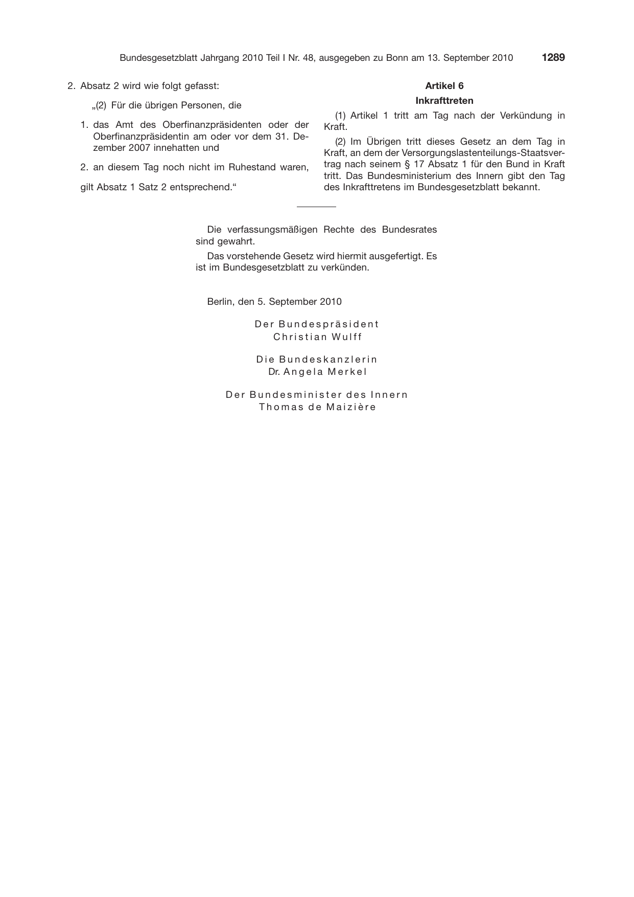 BGBl. 2010, Seite 1289 — Originalseite als Abbildung