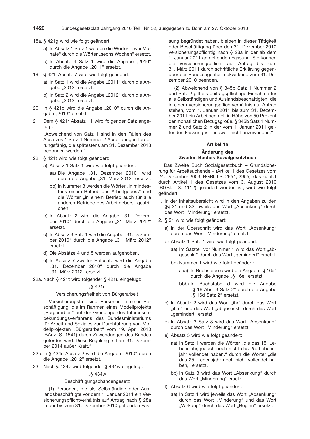BGBl. 2010, Seite 1420 — Originalseite als Abbildung