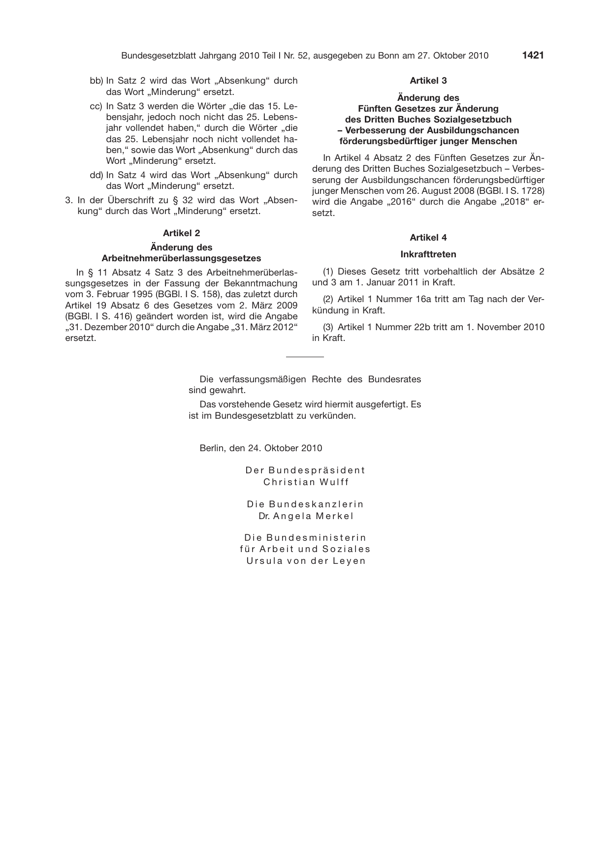 BGBl. 2010, Seite 1421 — Originalseite als Abbildung