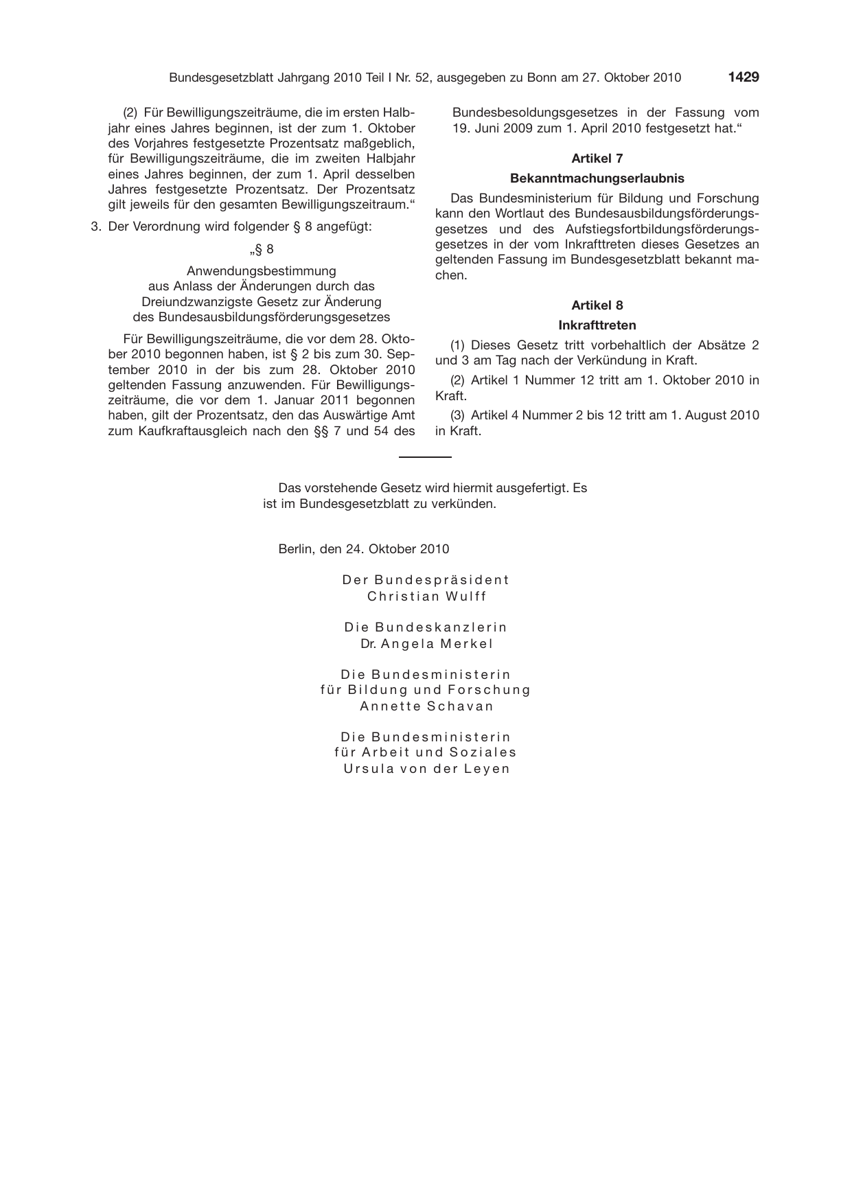BGBl. 2010, Seite 1429 — Originalseite als Abbildung