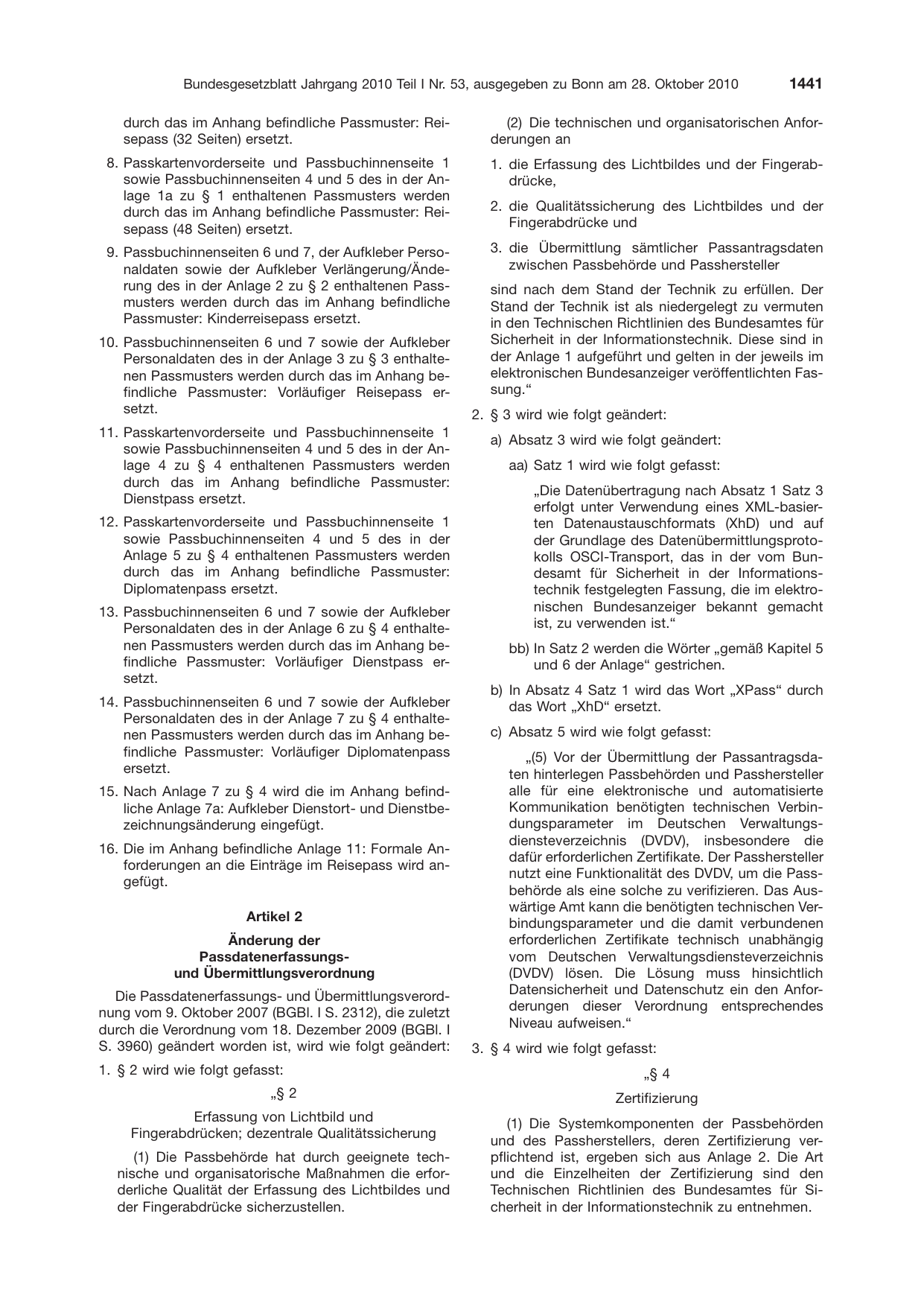 BGBl. 2010, Seite 1441 — Originalseite als Abbildung