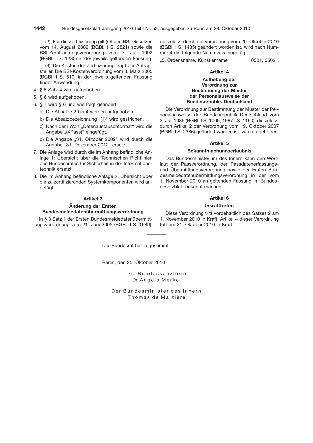 BGBl. 2010, Seite 1442 — Originalseite als Abbildung