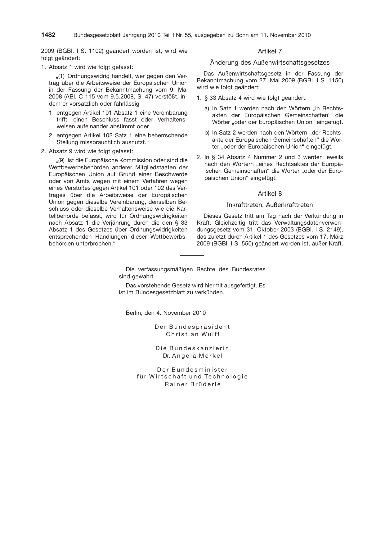 BGBl. 2010, Seite 1482 — Originalseite als Abbildung