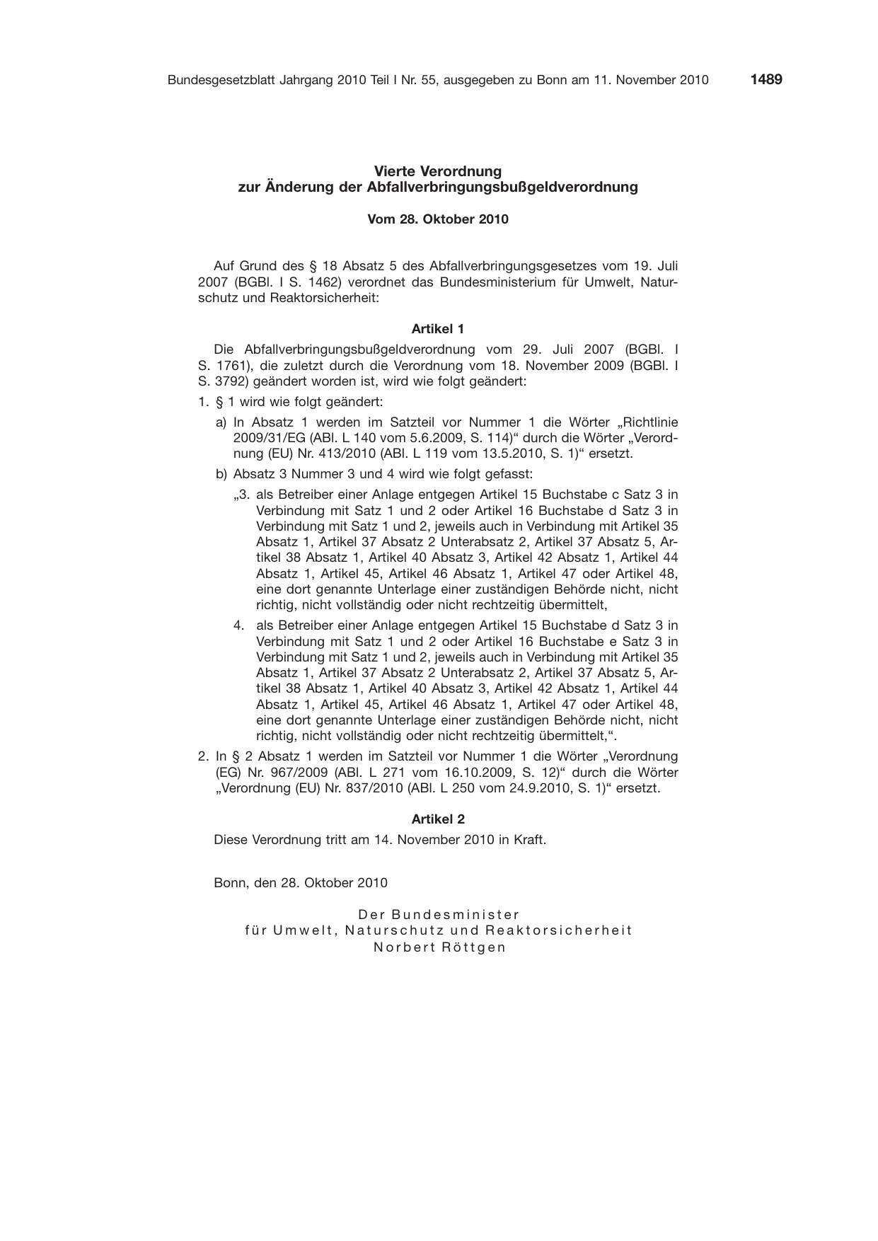 BGBl. 2010, Seite 1489 — Originalseite als Abbildung