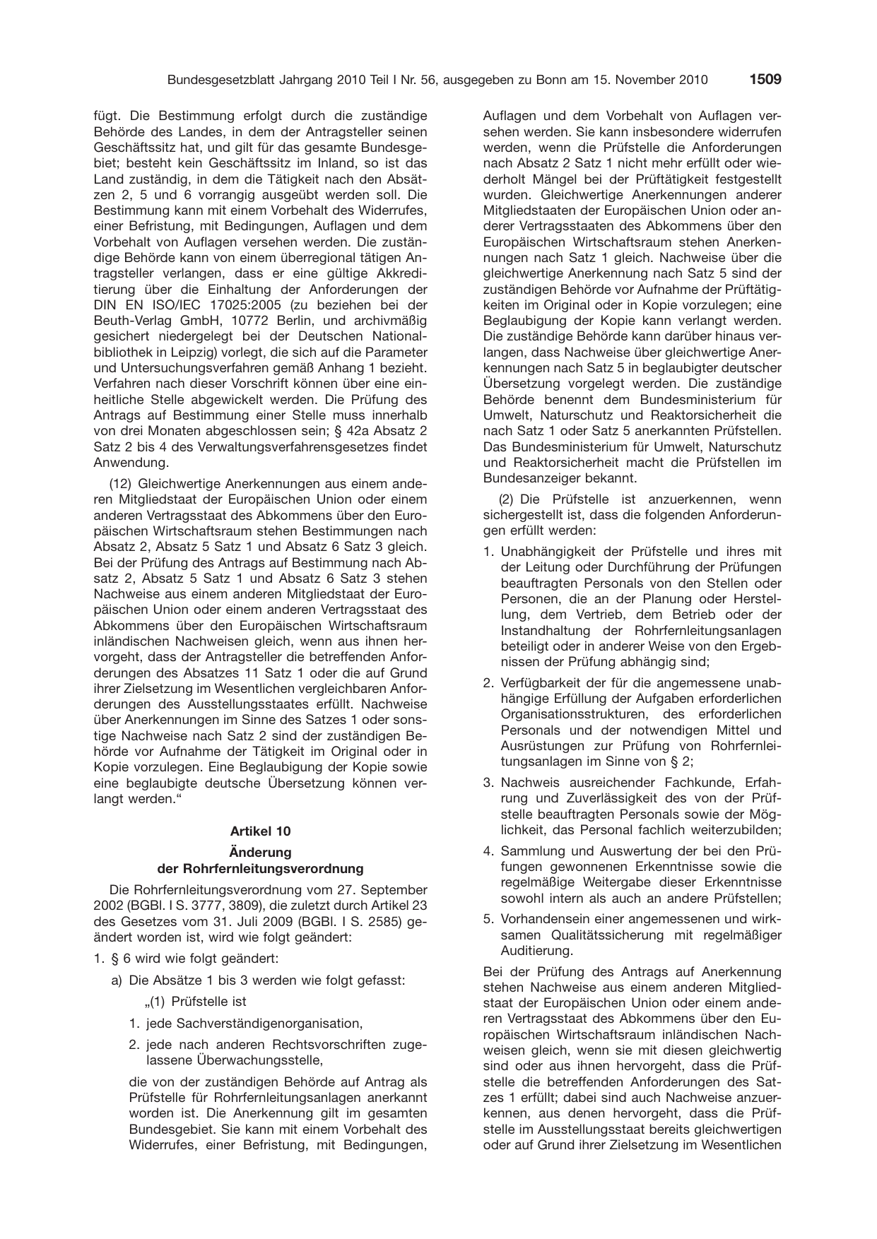 BGBl. 2010, Seite 1509 — Originalseite als Abbildung