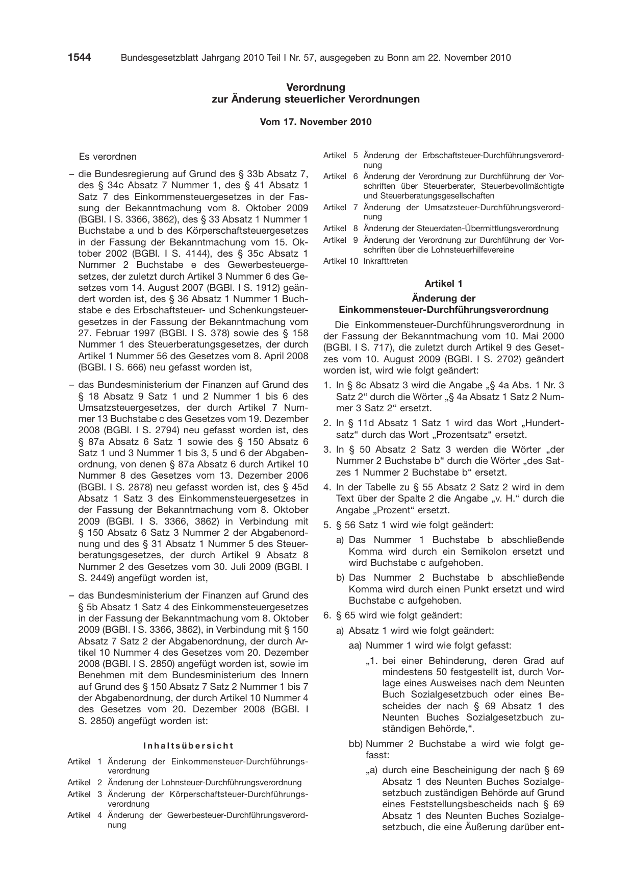 BGBl. 2010, Seite 1544 — Originalseite als Abbildung