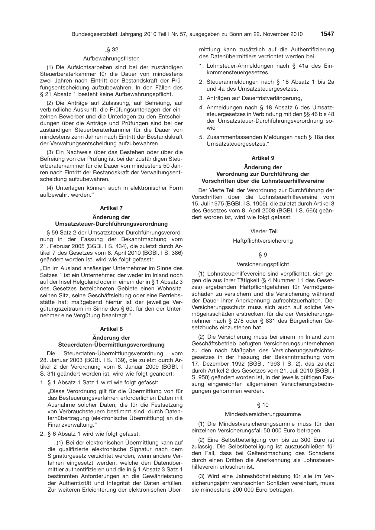 BGBl. 2010, Seite 1547 — Originalseite als Abbildung