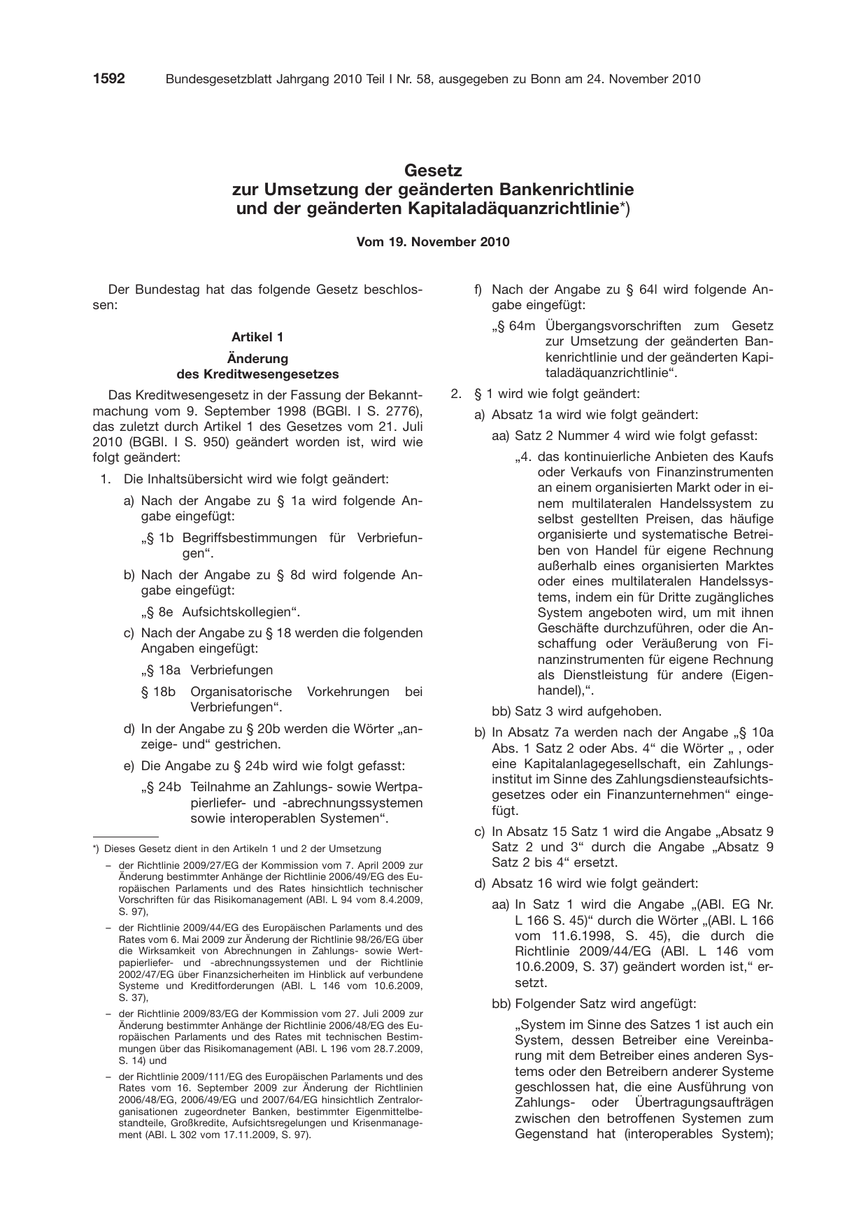 BGBl. 2010, Seite 1592 — Originalseite als Abbildung