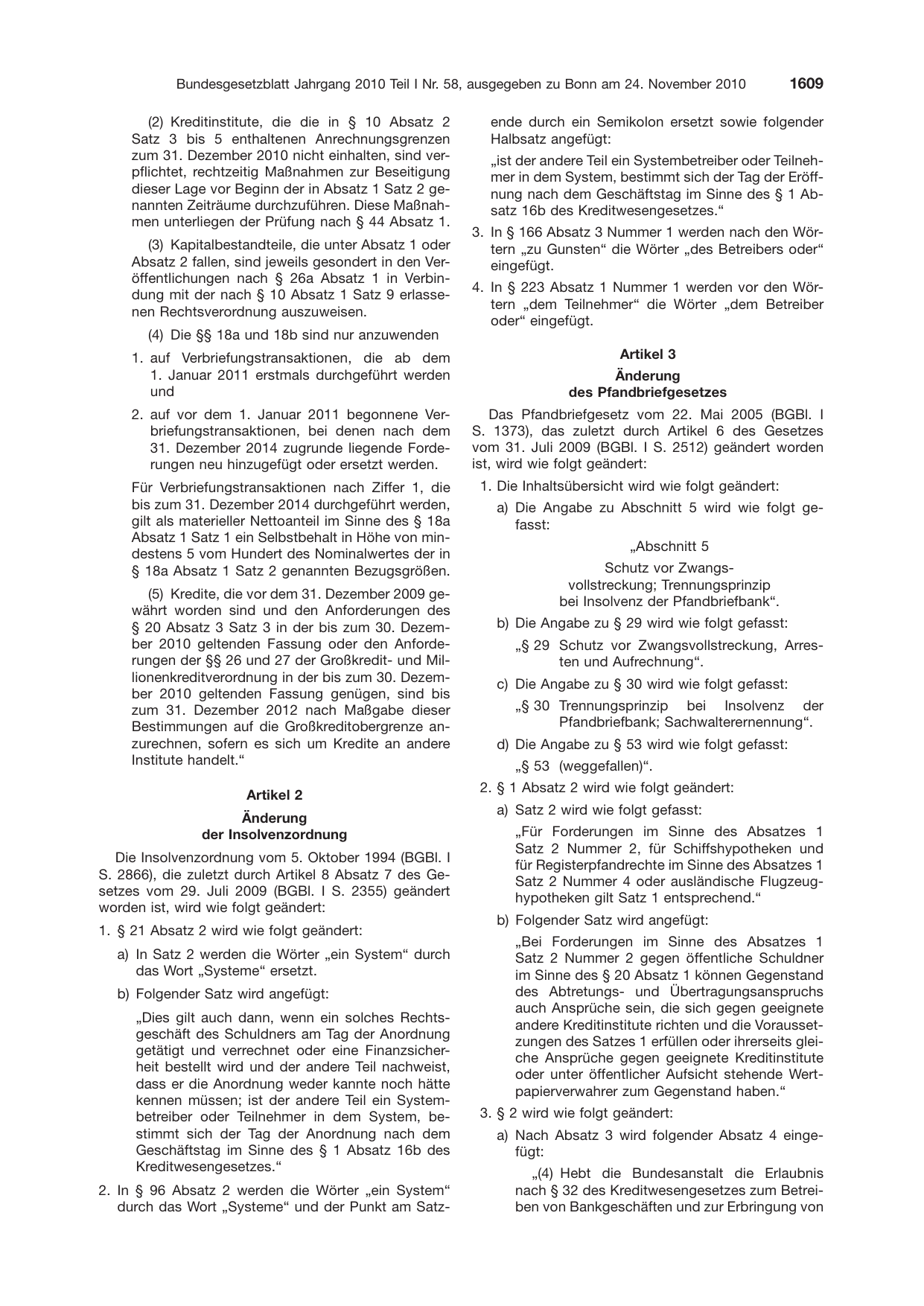 BGBl. 2010, Seite 1609 — Originalseite als Abbildung