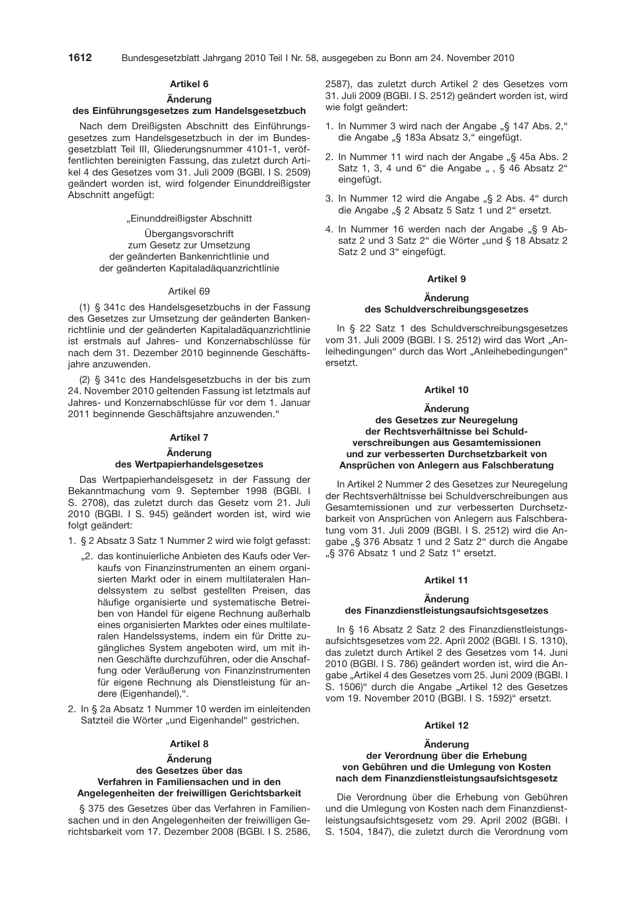 BGBl. 2010, Seite 1612 — Originalseite als Abbildung
