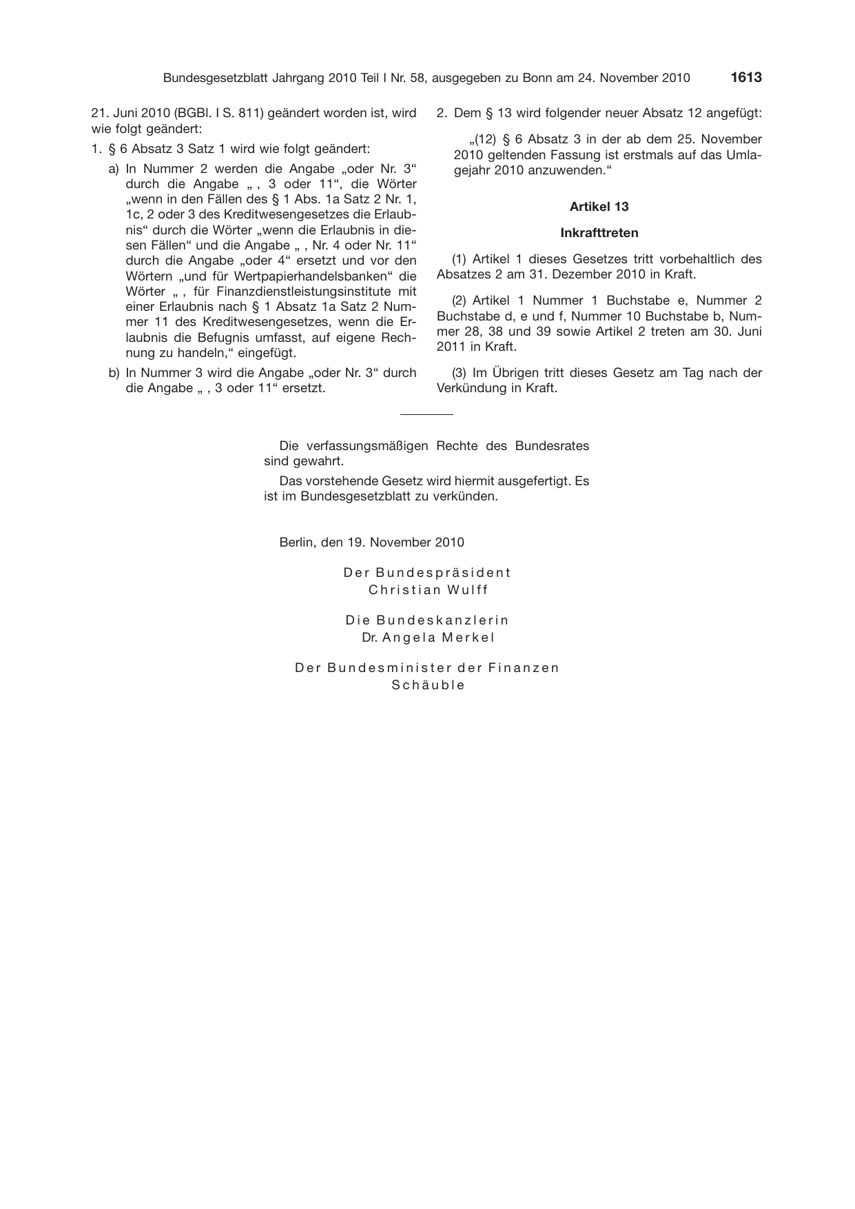 BGBl. 2010, Seite 1613 — Originalseite als Abbildung