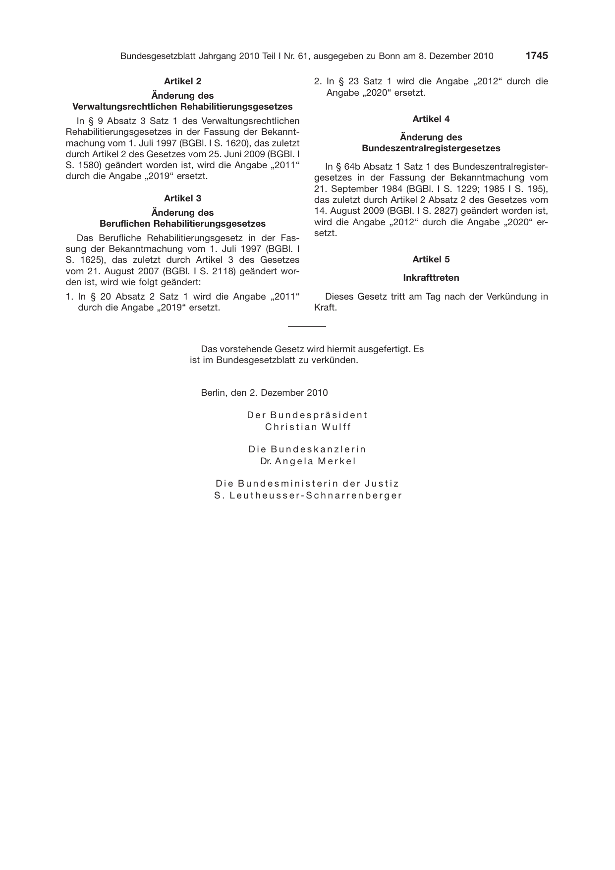 BGBl. 2010, Seite 1745 — Originalseite als Abbildung