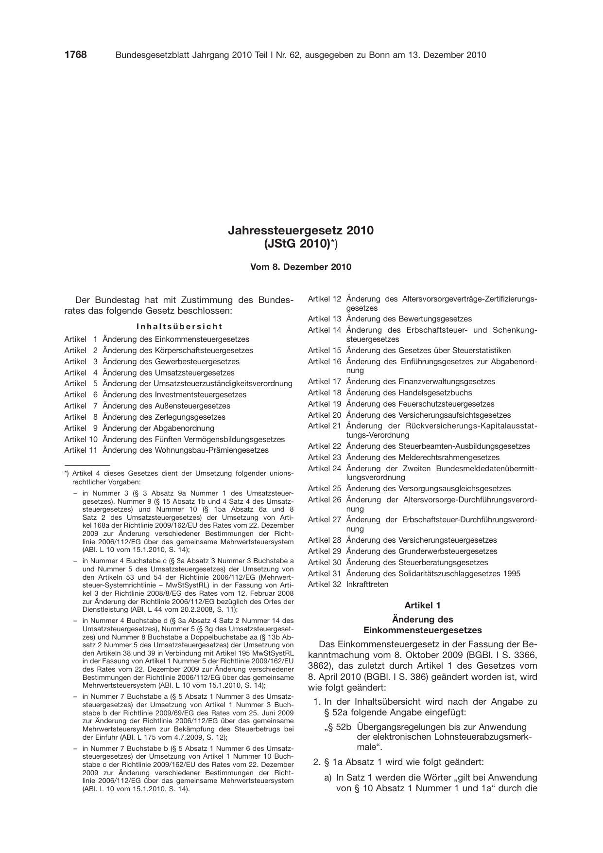 BGBl. 2010, Seite 1768 — Originalseite als Abbildung