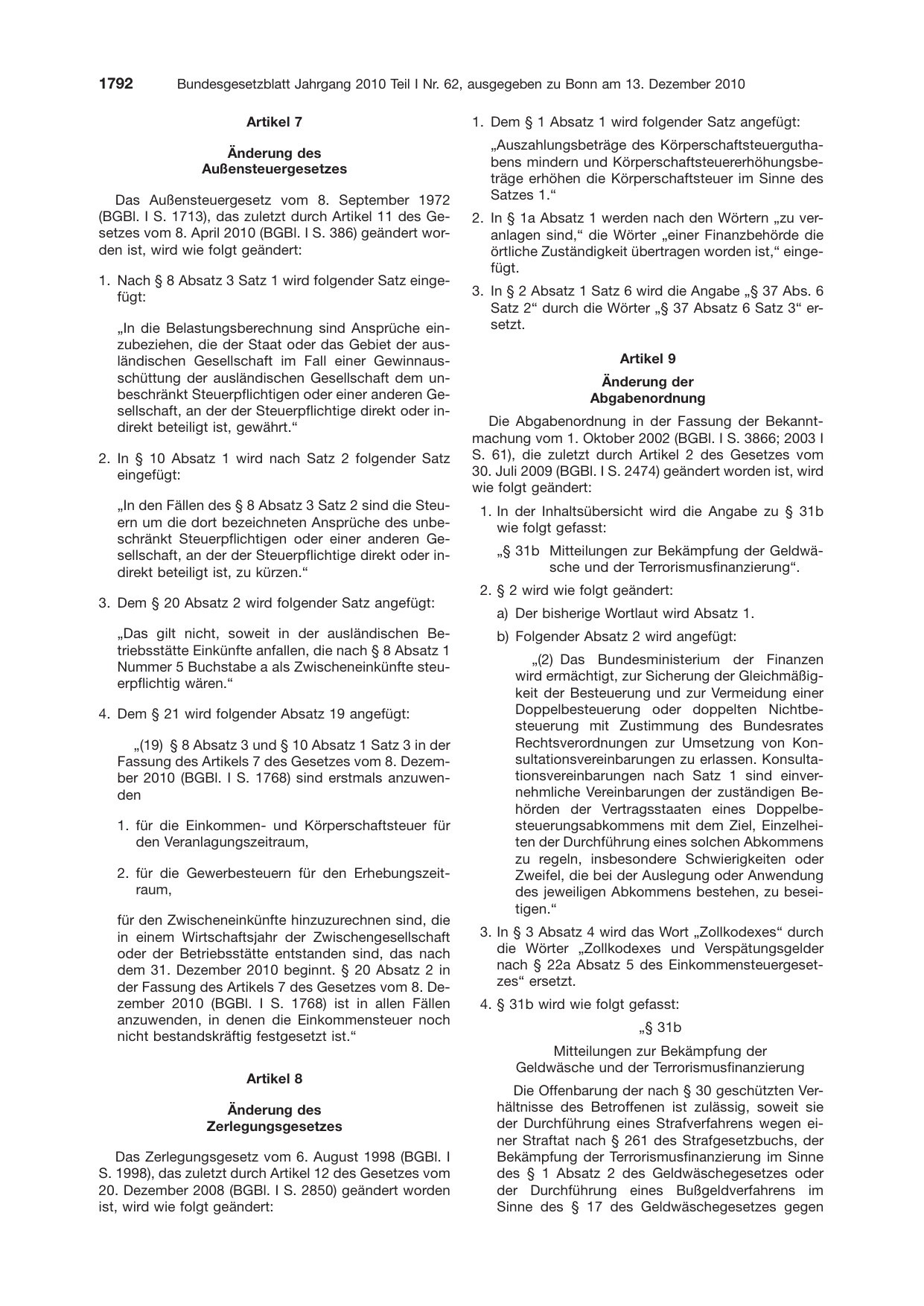 BGBl. 2010, Seite 1792 — Originalseite als Abbildung
