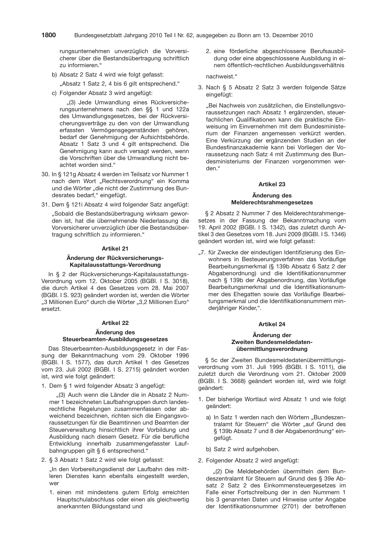 BGBl. 2010, Seite 1800 — Originalseite als Abbildung