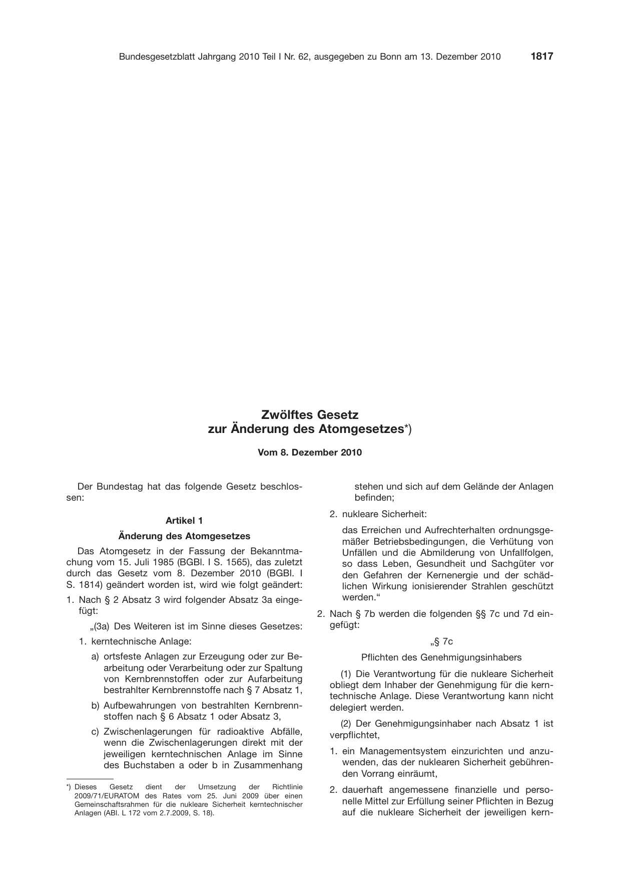 BGBl. 2010, Seite 1817 — Originalseite als Abbildung