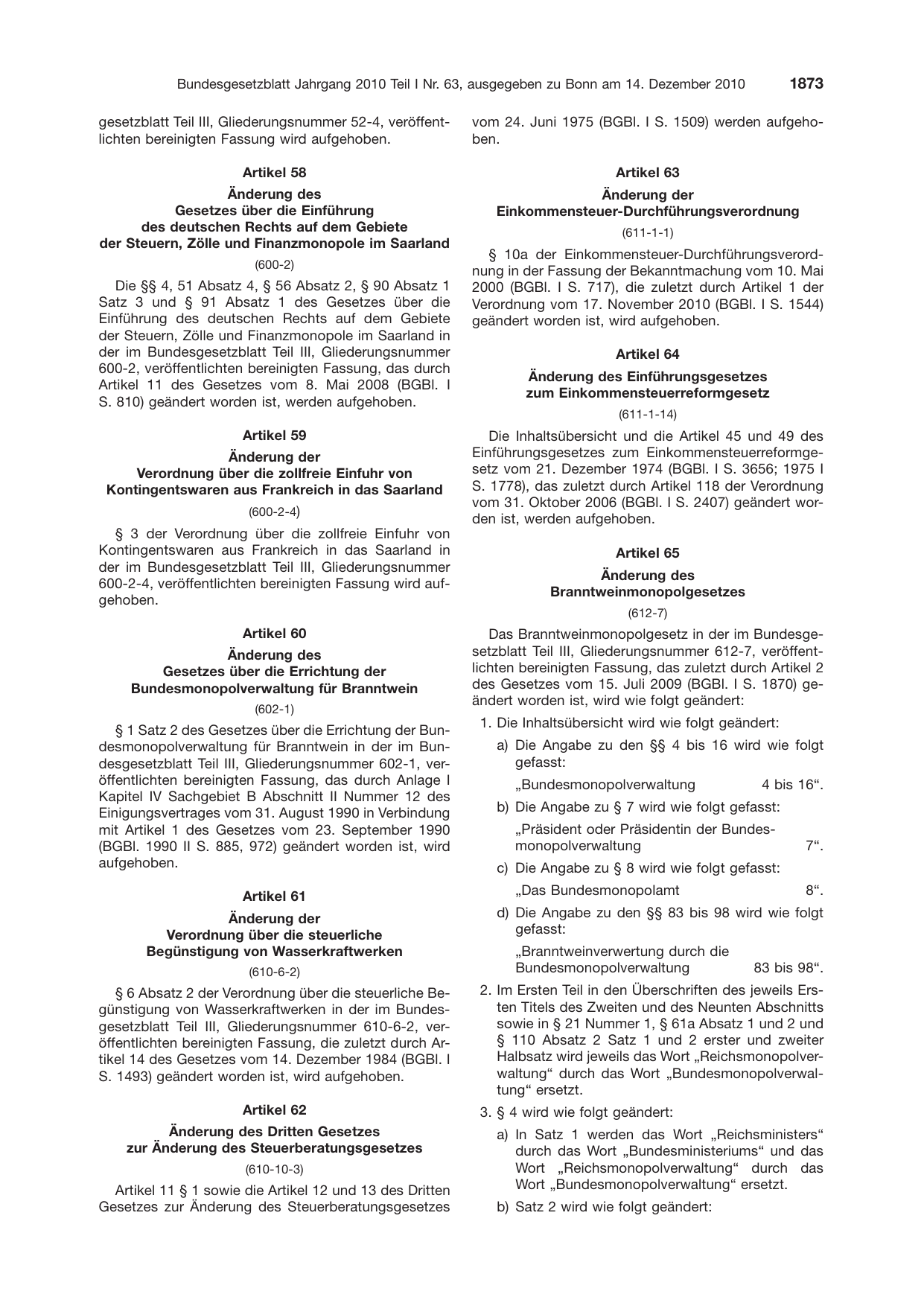 BGBl. 2010, Seite 1873 — Originalseite als Abbildung