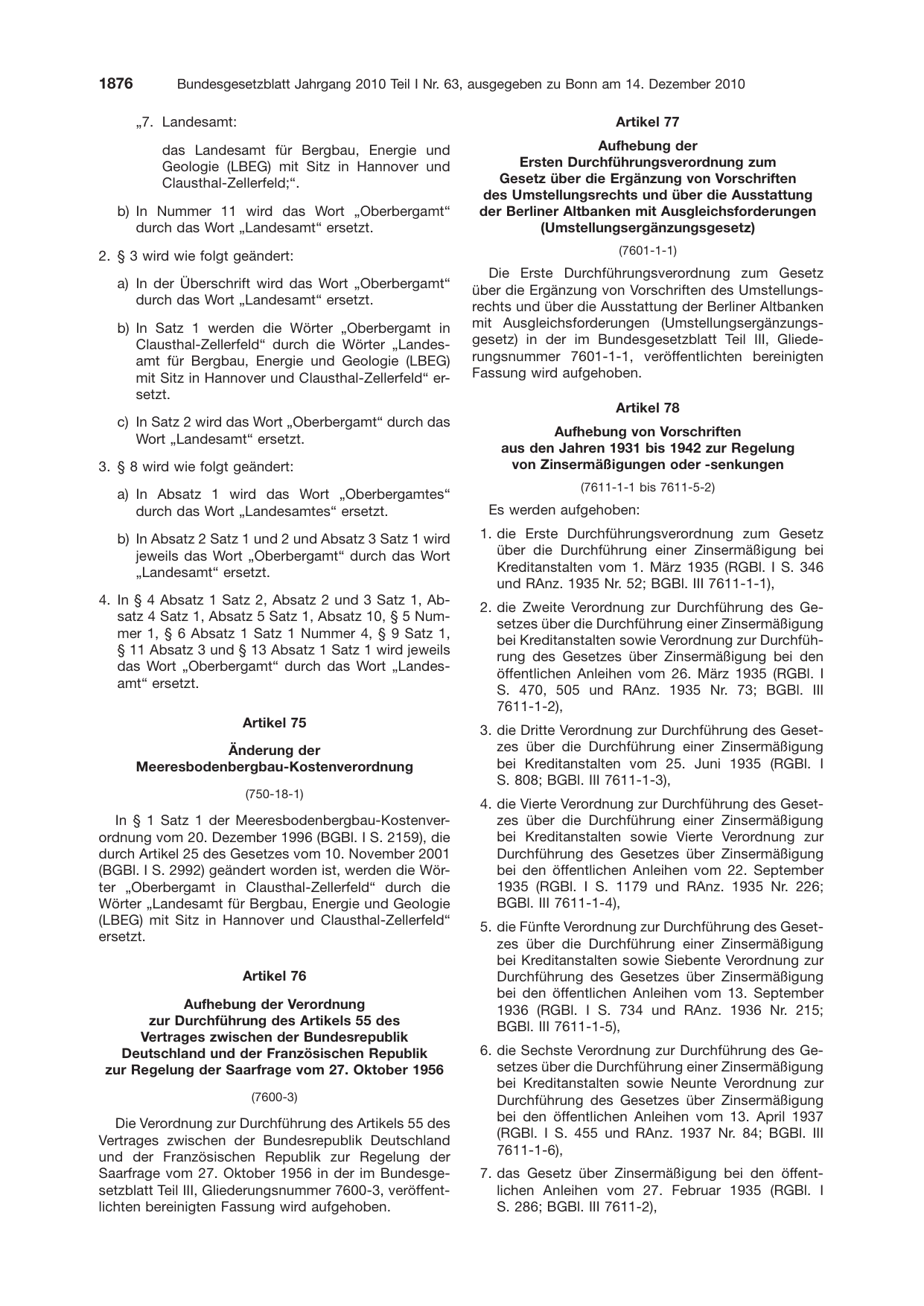 BGBl. 2010, Seite 1876 — Originalseite als Abbildung