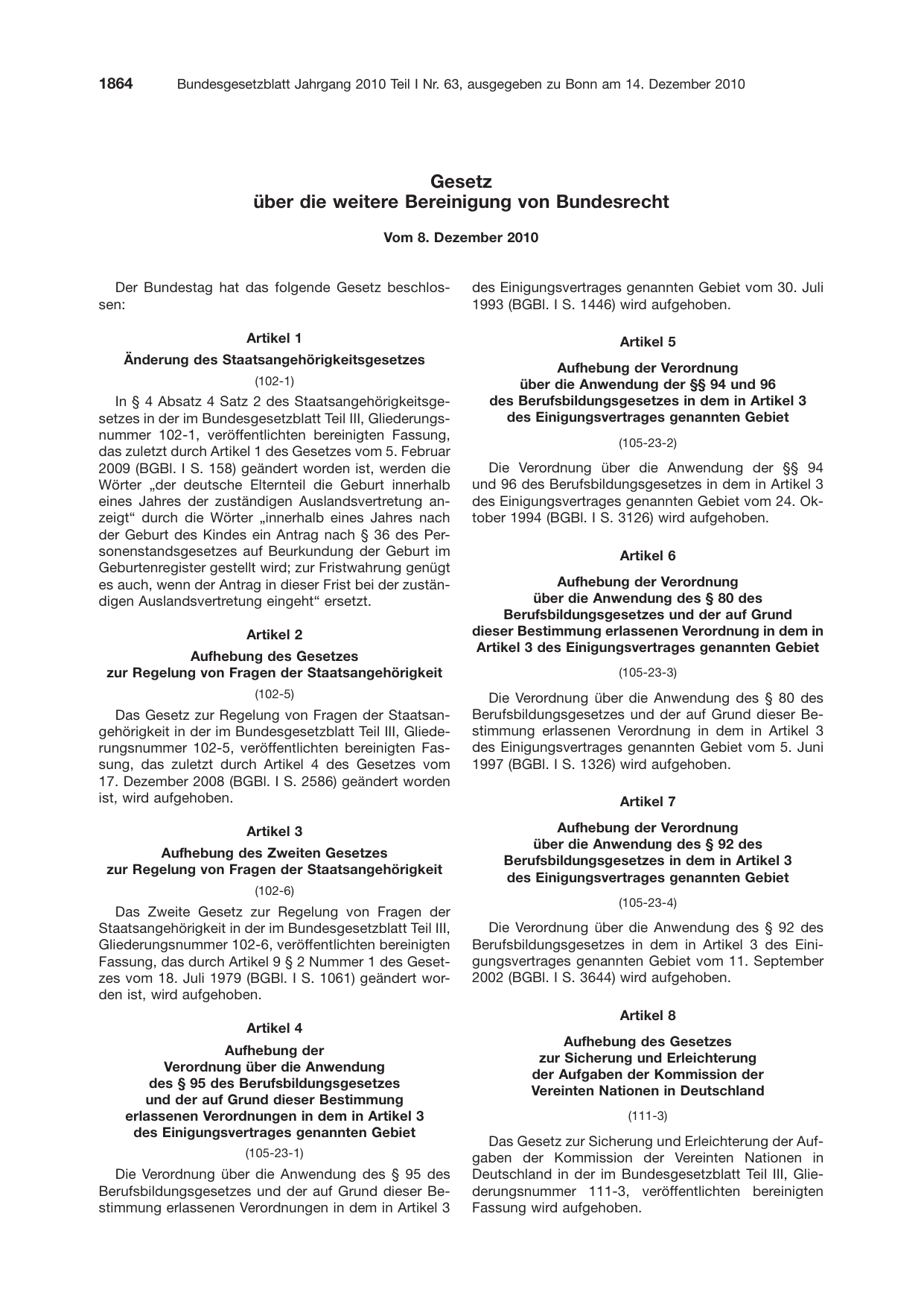 BGBl. 2010, Seite 1864 — Originalseite als Abbildung
