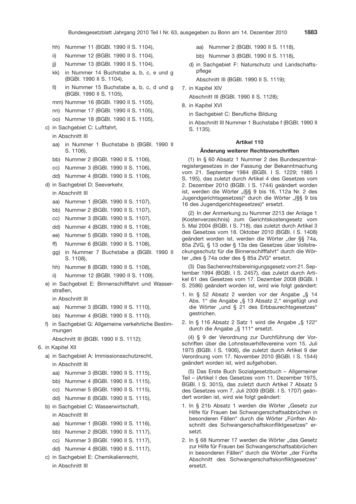 BGBl. 2010, Seite 1883 — Originalseite als Abbildung