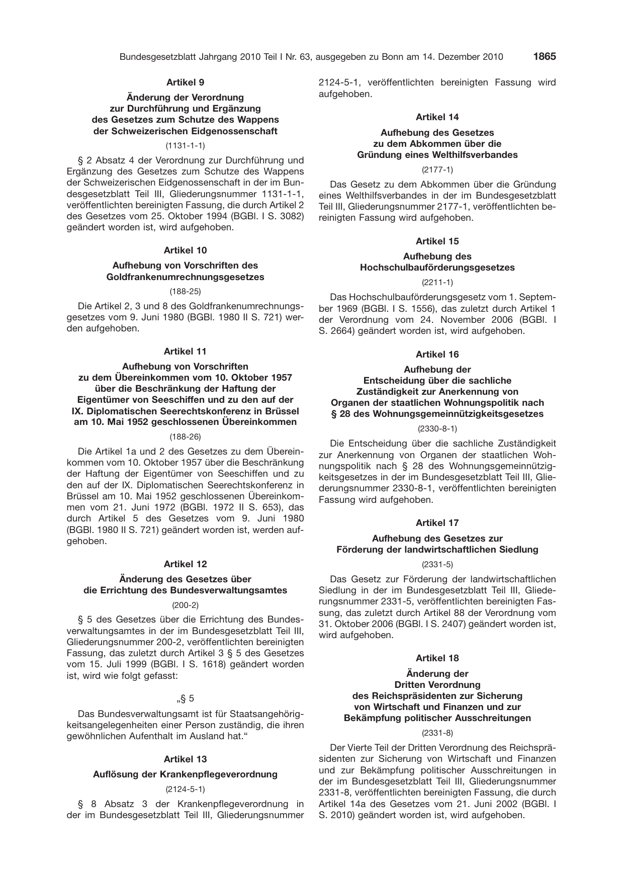BGBl. 2010, Seite 1865 — Originalseite als Abbildung