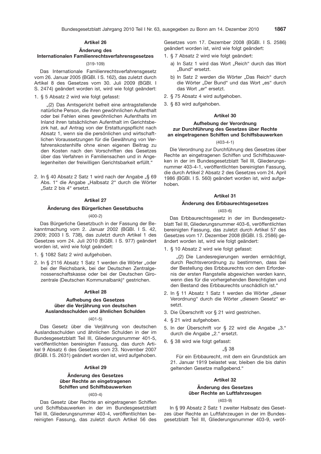 BGBl. 2010, Seite 1867 — Originalseite als Abbildung
