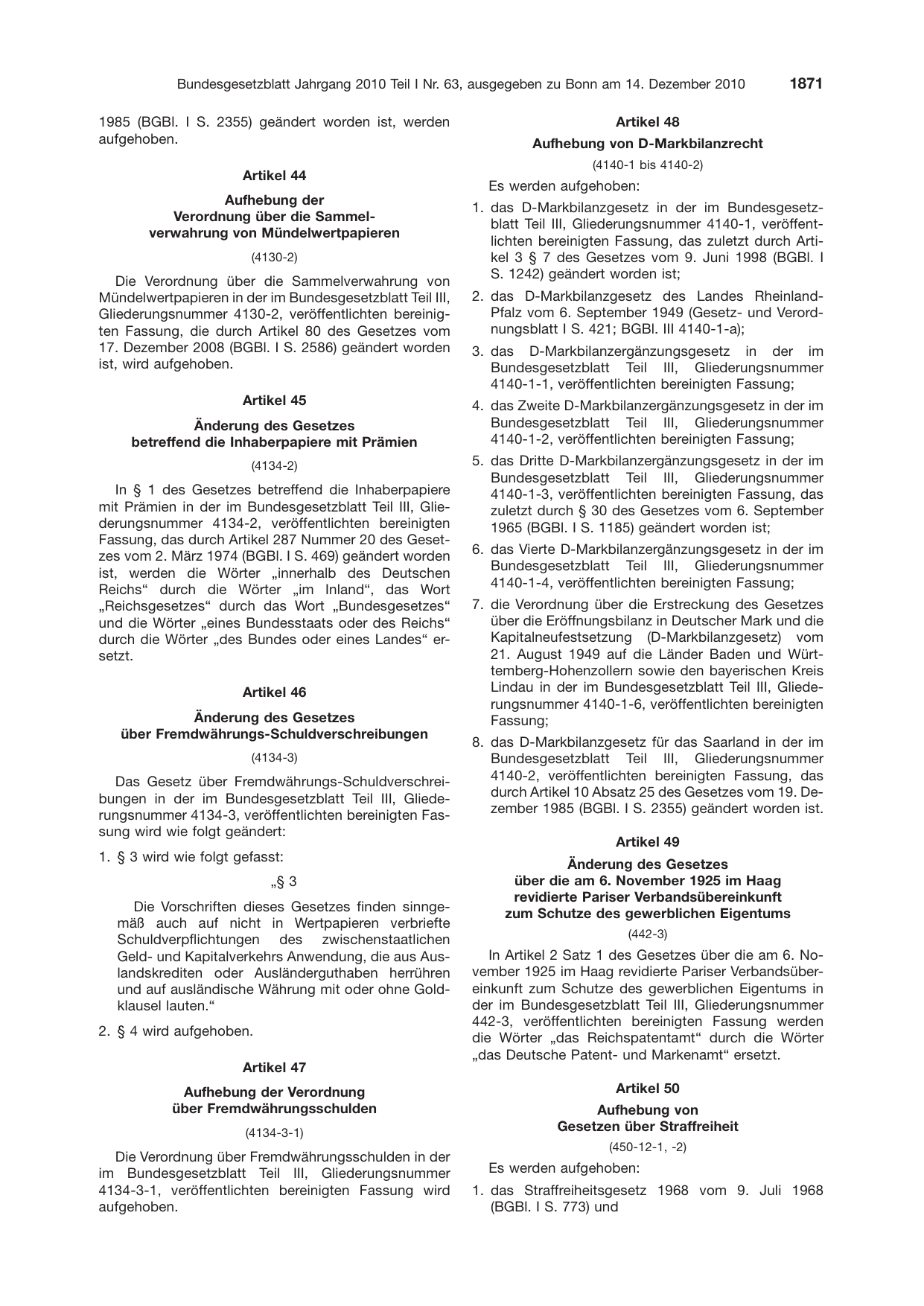 BGBl. 2010, Seite 1871 — Originalseite als Abbildung