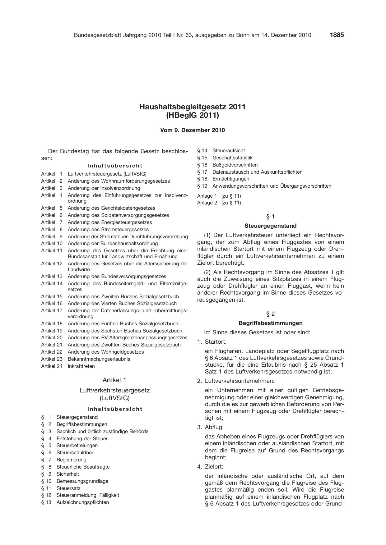 BGBl. 2010, Seite 1885 — Originalseite als Abbildung