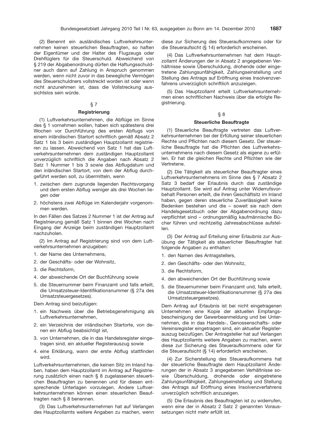 BGBl. 2010, Seite 1887 — Originalseite als Abbildung
