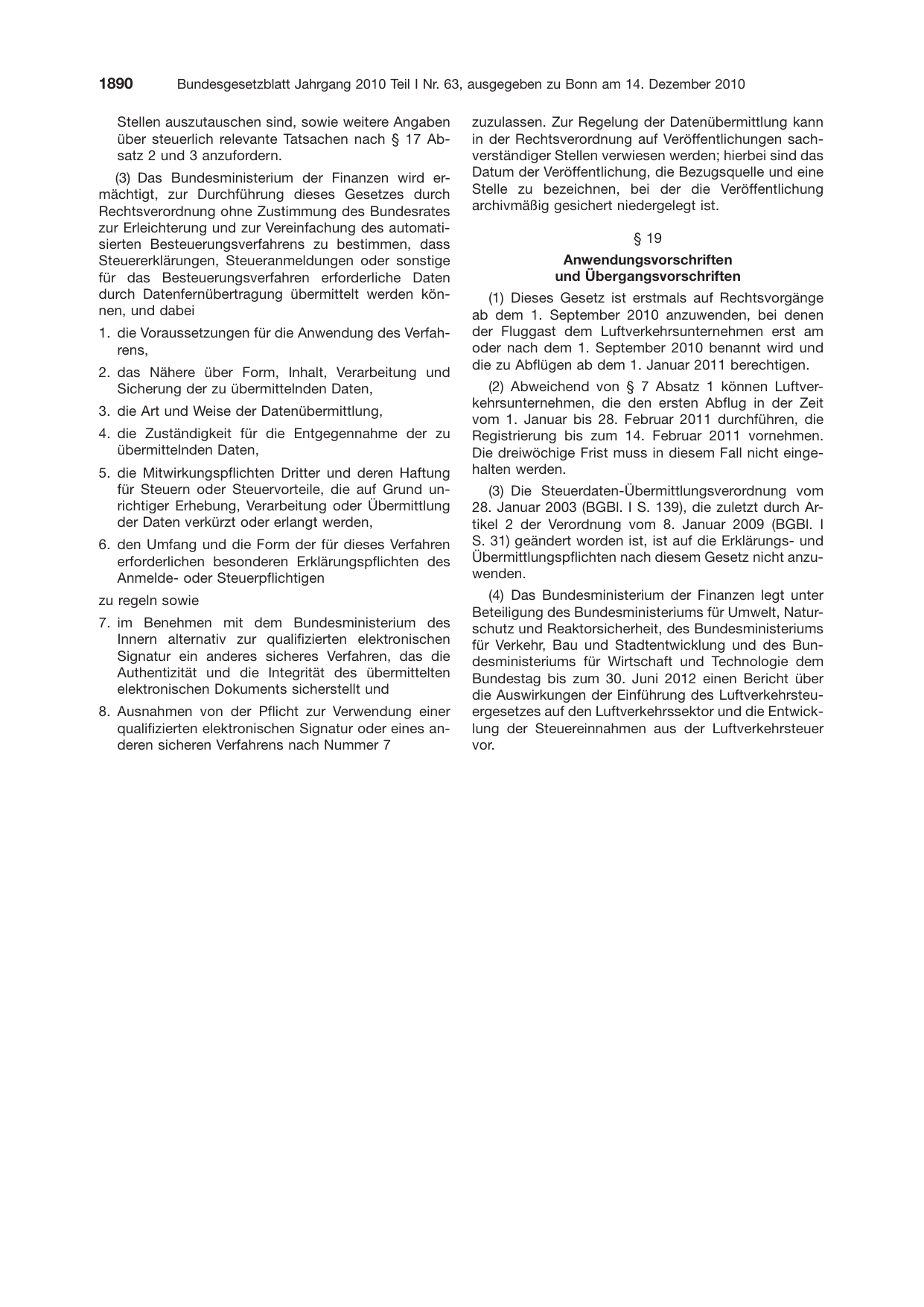 BGBl. 2010, Seite 1890 — Originalseite als Abbildung