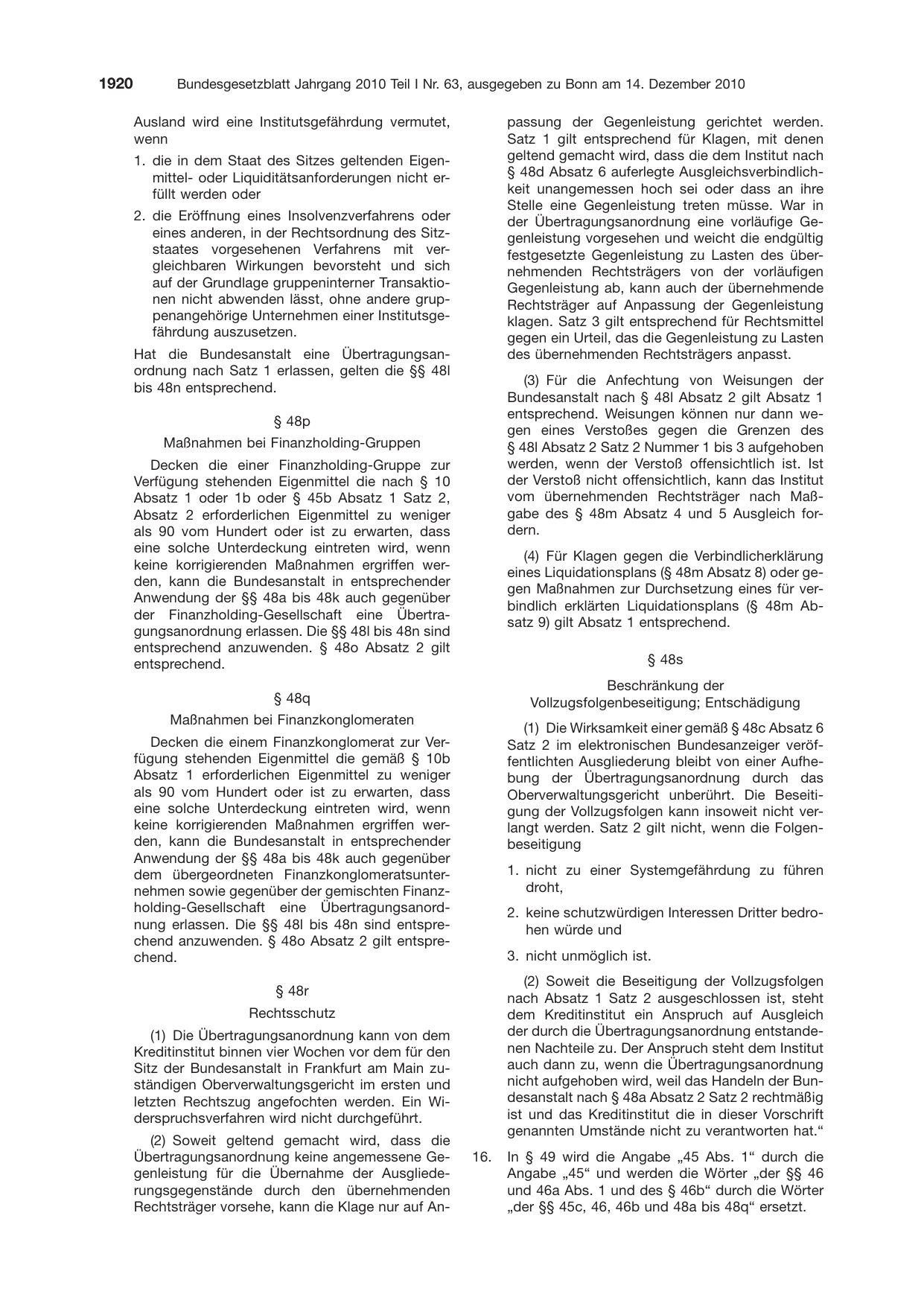 BGBl. 2010, Seite 1920 — Originalseite als Abbildung