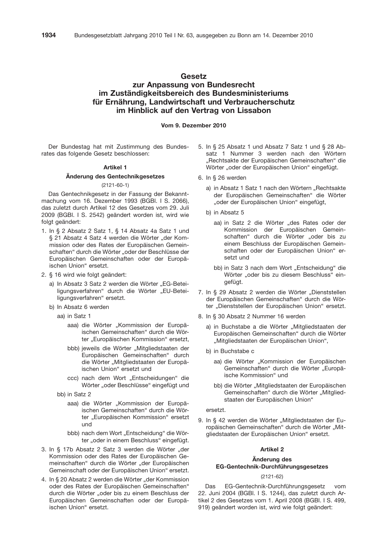 BGBl. 2010, Seite 1934 — Originalseite als Abbildung