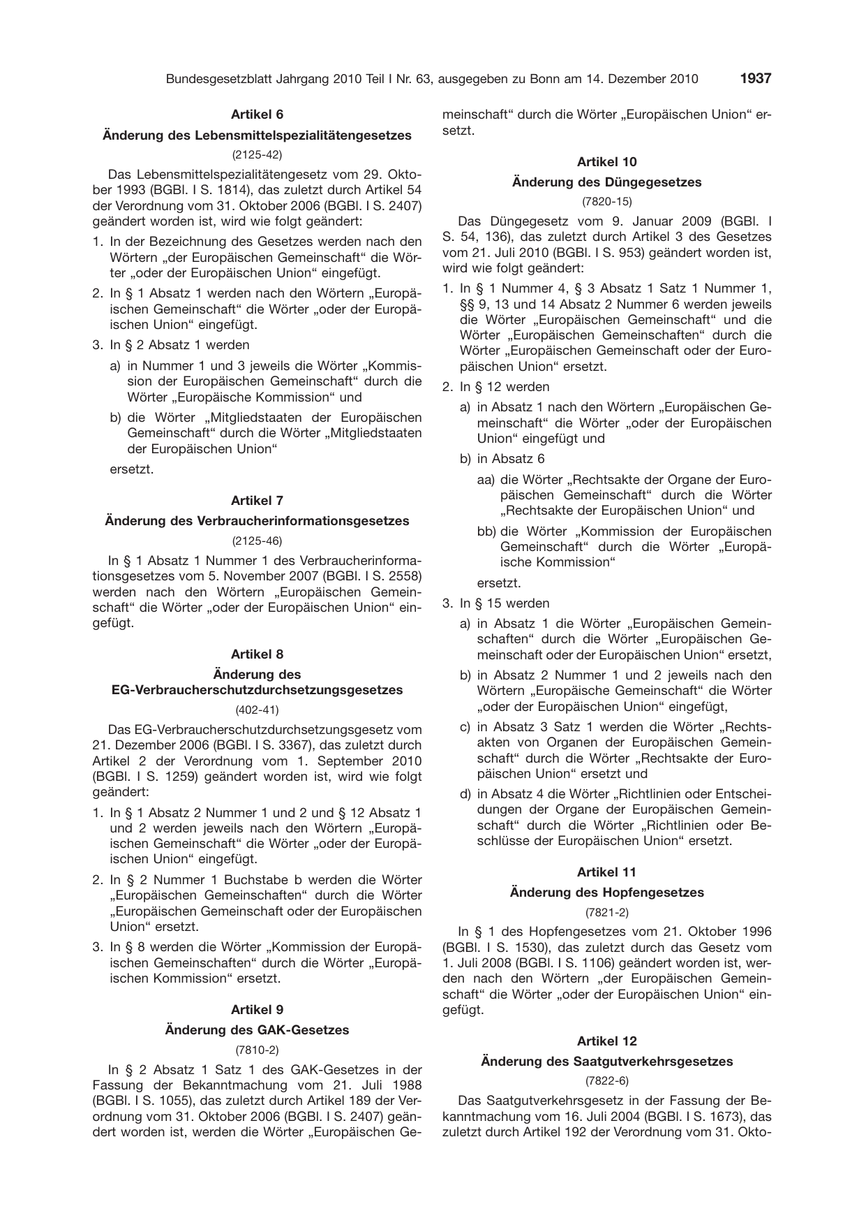 BGBl. 2010, Seite 1937 — Originalseite als Abbildung
