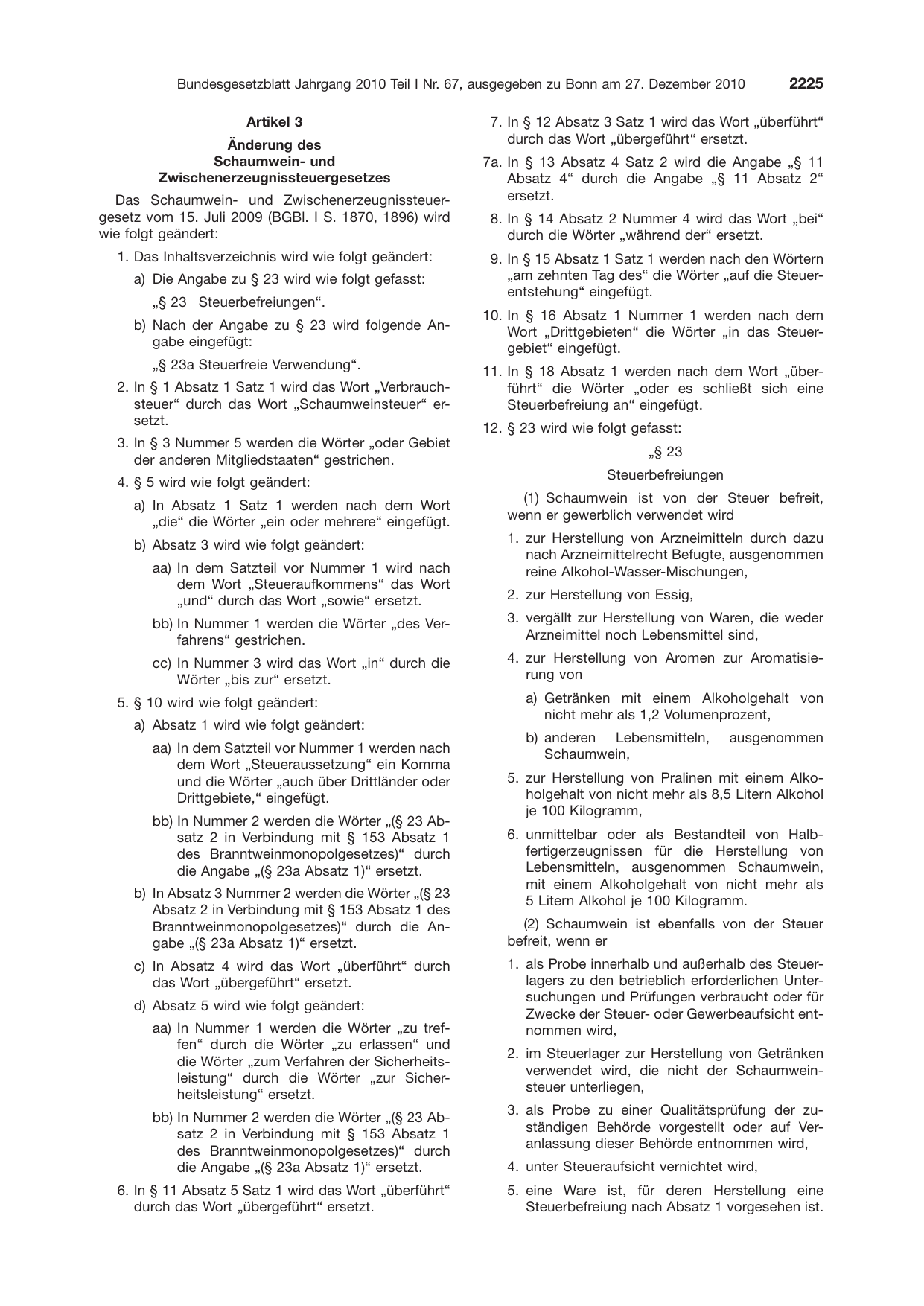 BGBl. 2010, Seite 2225 — Originalseite als Abbildung
