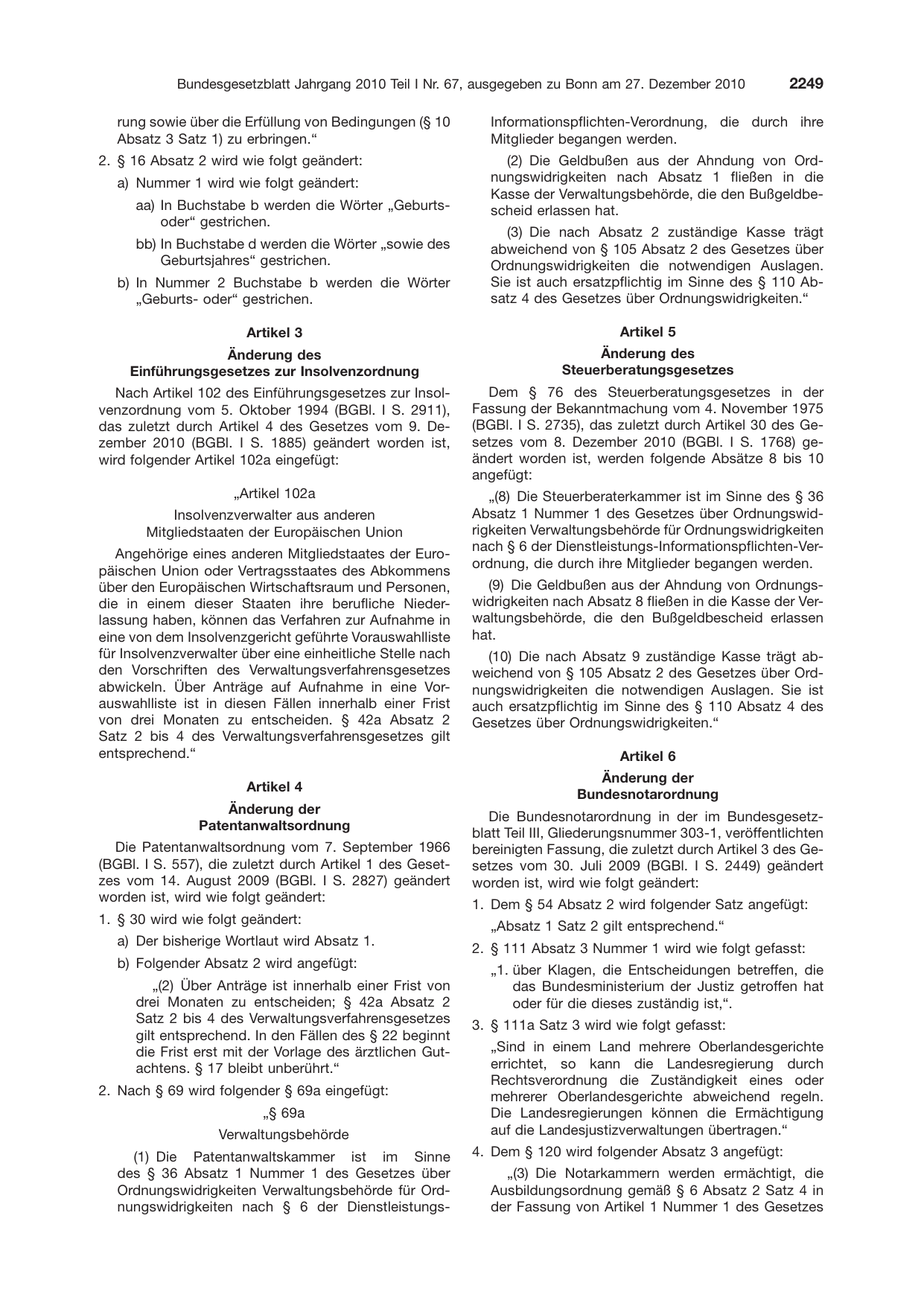 BGBl. 2010, Seite 2249 — Originalseite als Abbildung