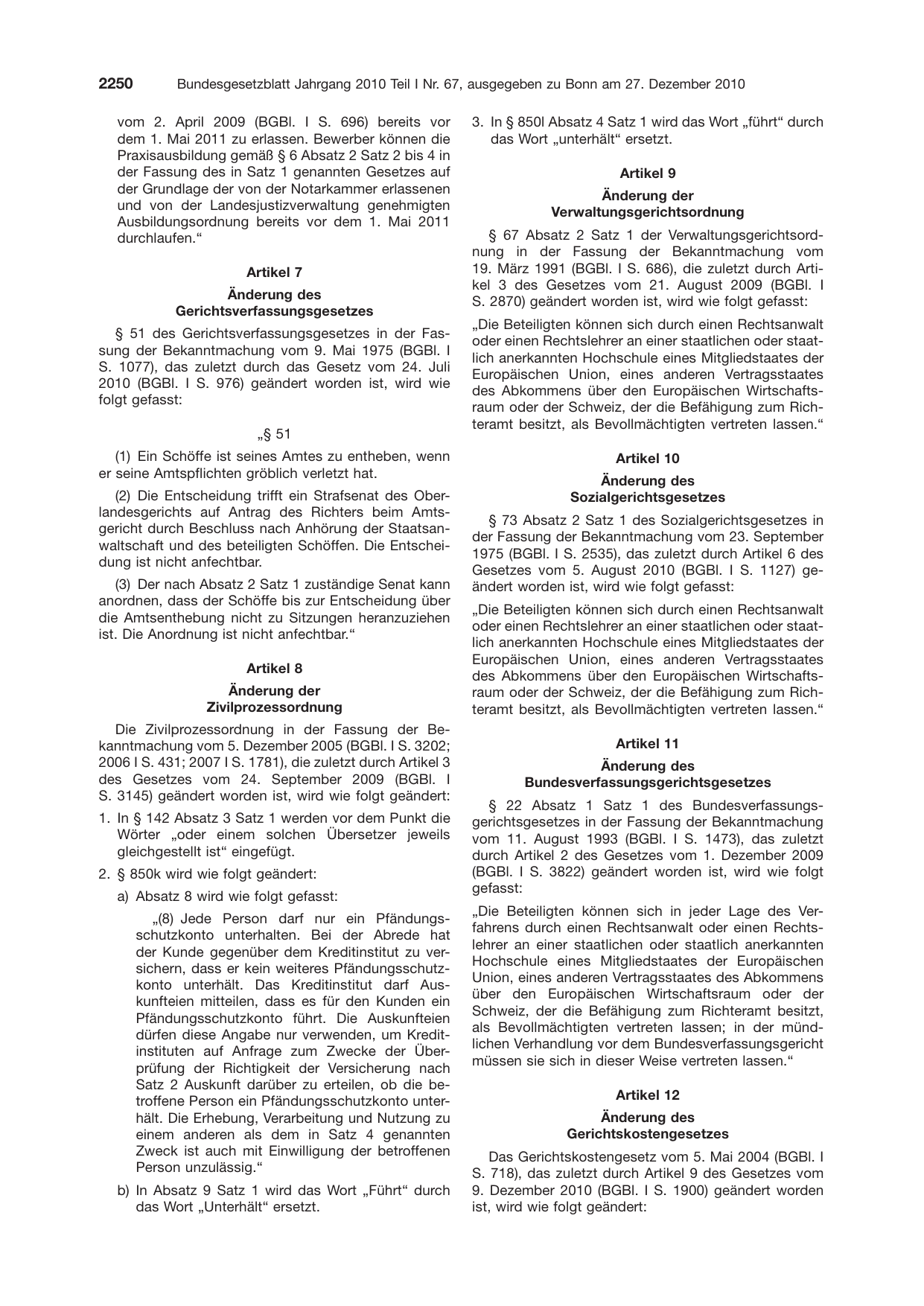 BGBl. 2010, Seite 2250 — Originalseite als Abbildung