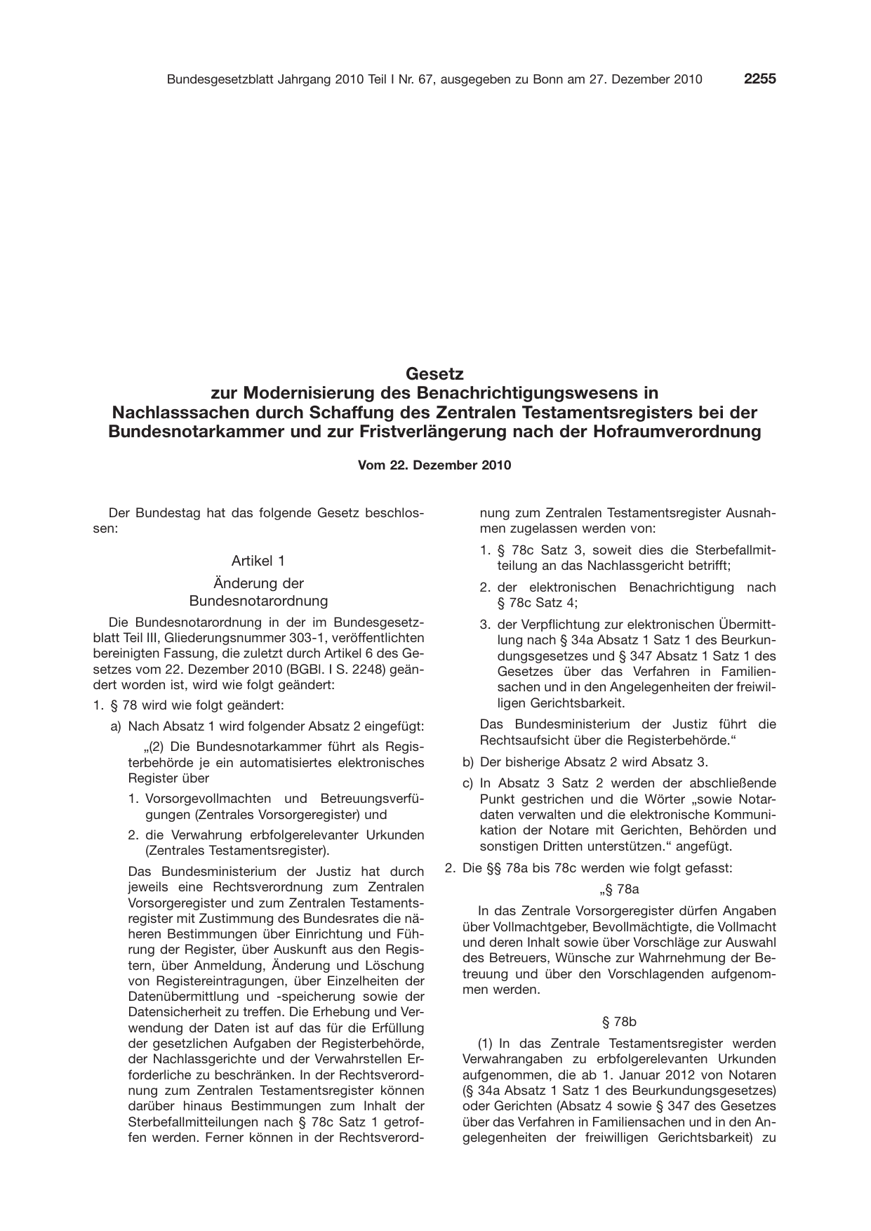 BGBl. 2010, Seite 2255 — Originalseite als Abbildung