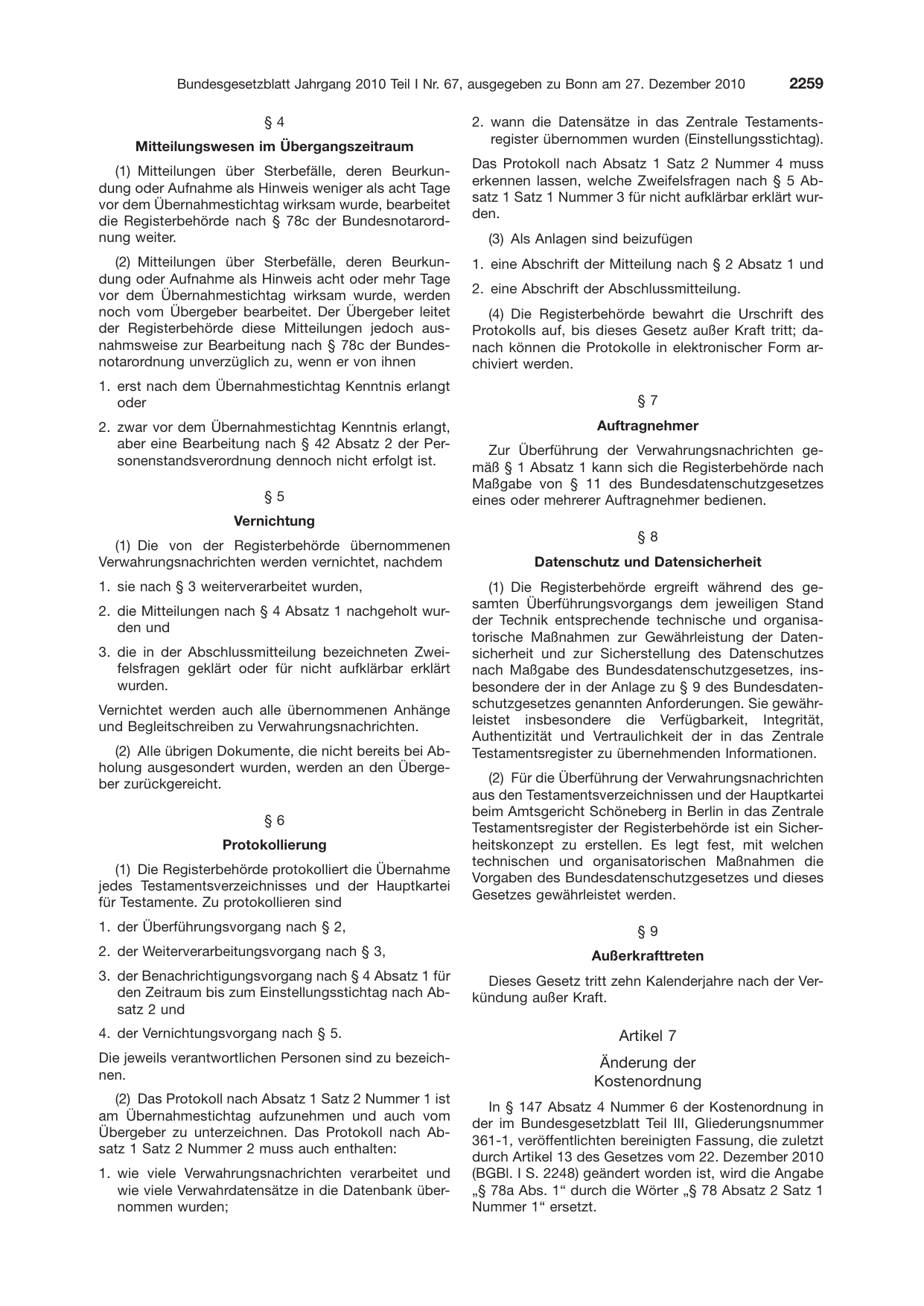 BGBl. 2010, Seite 2259 — Originalseite als Abbildung