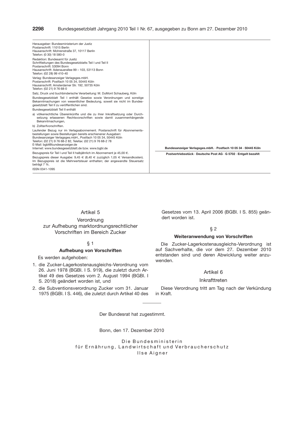 BGBl. 2010, Seite 2298 — Originalseite als Abbildung