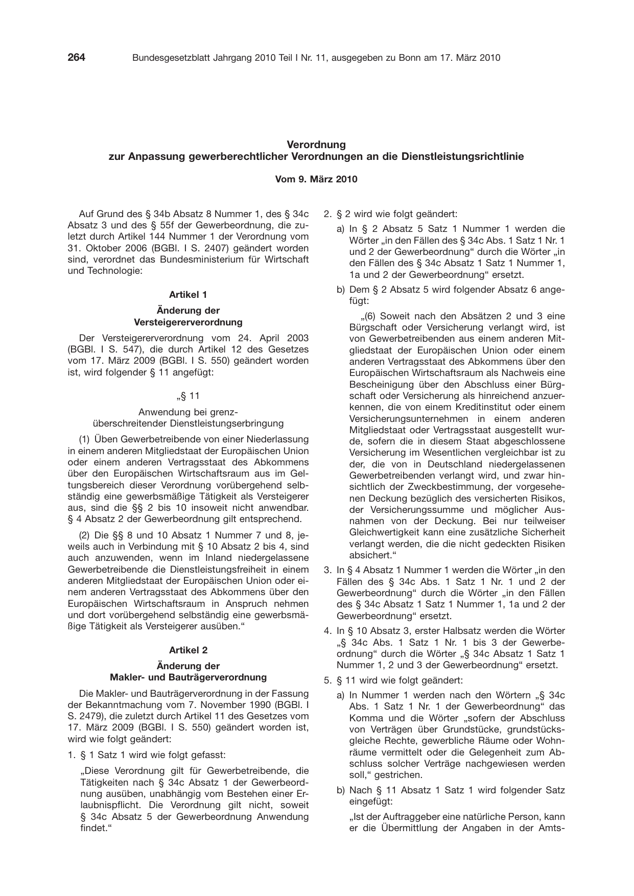 BGBl. 2010, Seite 264 — Originalseite als Abbildung