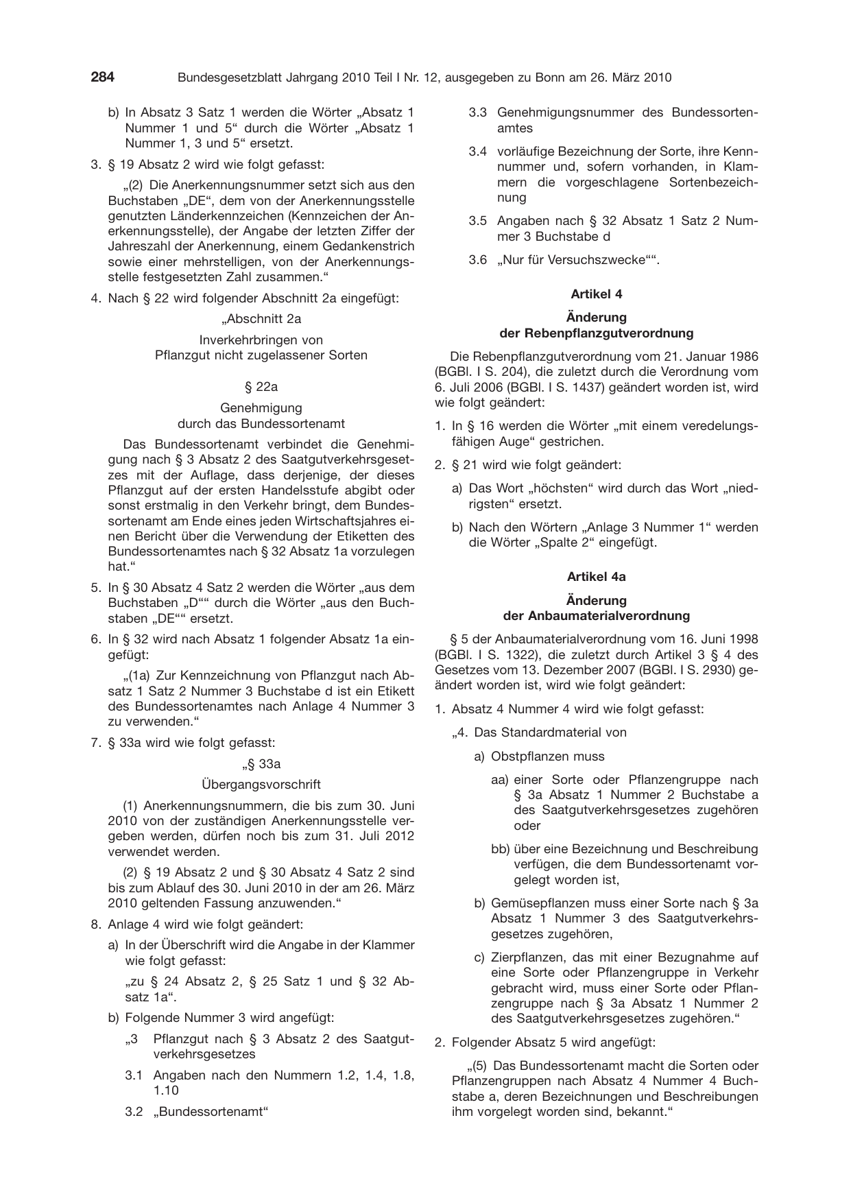 BGBl. 2010, Seite 284 — Originalseite als Abbildung