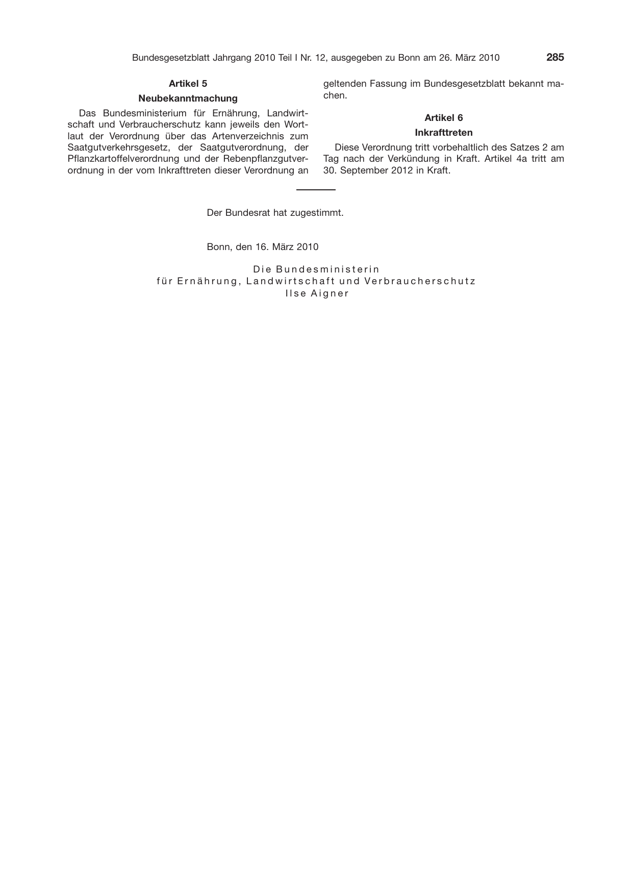 BGBl. 2010, Seite 285 — Originalseite als Abbildung