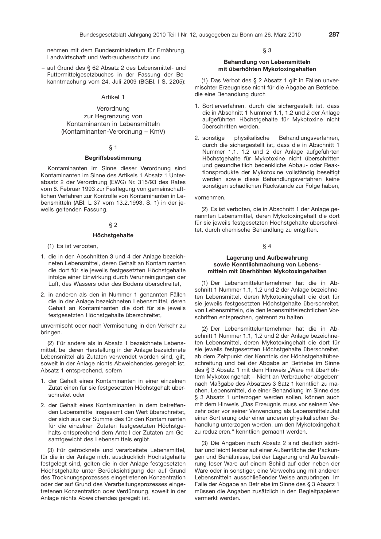 BGBl. 2010, Seite 287 — Originalseite als Abbildung