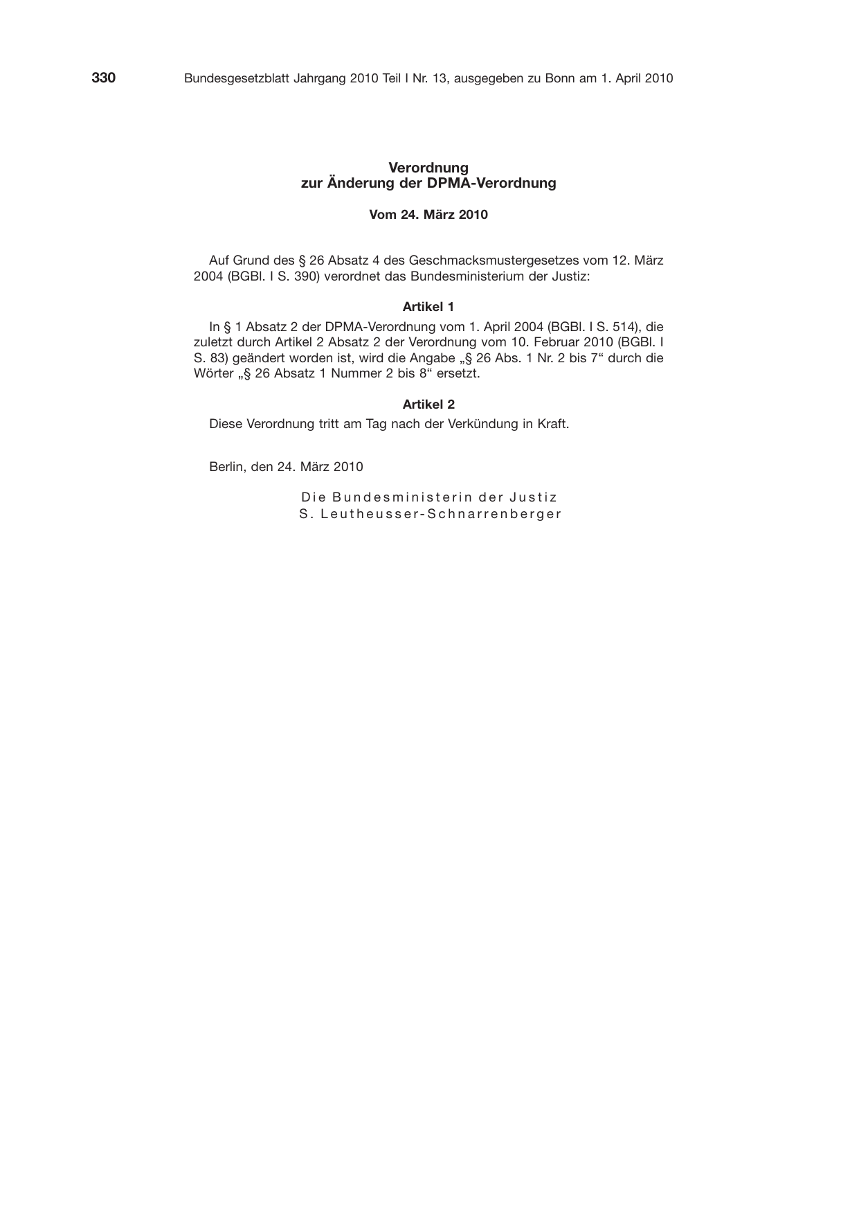 BGBl. 2010, Seite 330 — Originalseite als Abbildung