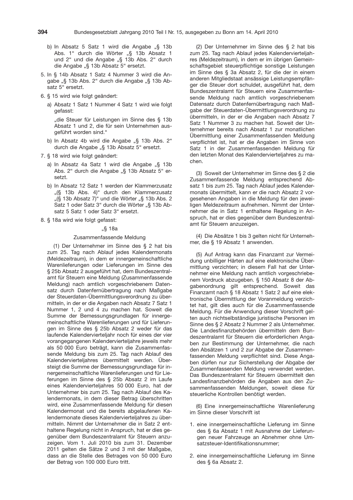 BGBl. 2010, Seite 394 — Originalseite als Abbildung