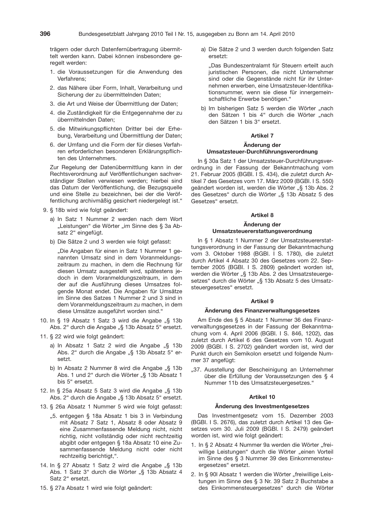 BGBl. 2010, Seite 396 — Originalseite als Abbildung