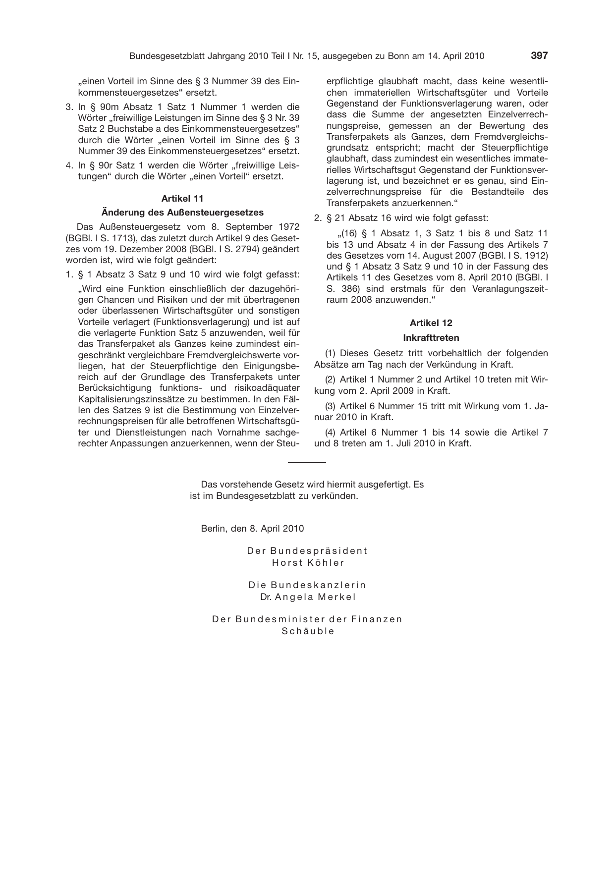 BGBl. 2010, Seite 397 — Originalseite als Abbildung